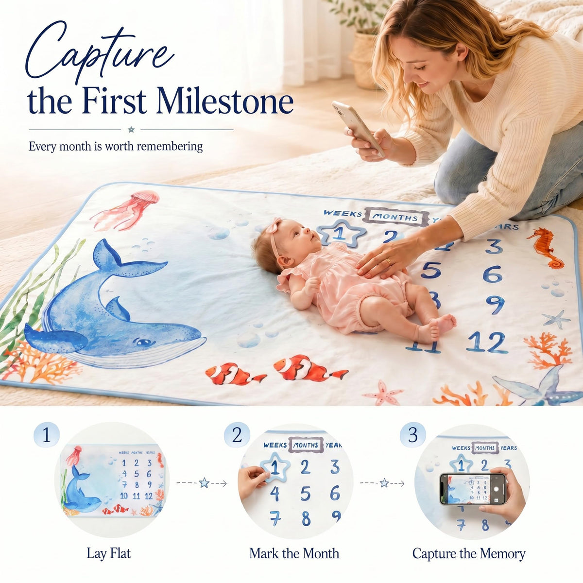 InnerSafe - Manta de hitos para bebé, diseño original, manta mensual de hitos para bebé, para niño y niña, manta de accesorios para fotografía de bebé, 152 x 102 cm, Mundo Oceánico