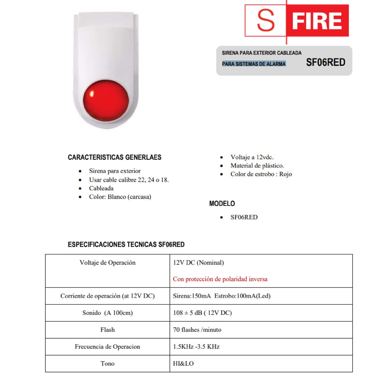 Sirena Estrobo SF06RED 25 Watts 115dB uso Exterior e Interior