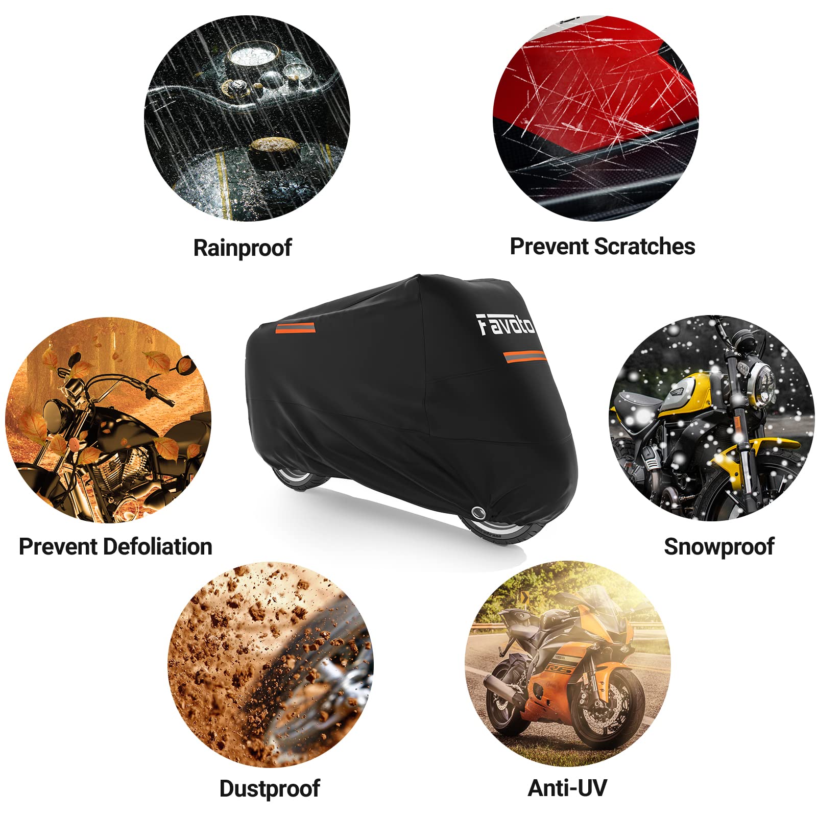 Funda para motocicleta Favoto con ajuste universal y 3 reflectores nocturnos, bolsa de transporte con agujero de bloqueo, resistente al viento, impermeable, a prueba de polvo, duradera, protección solar y al aire libre (295 centímetros de longitud).