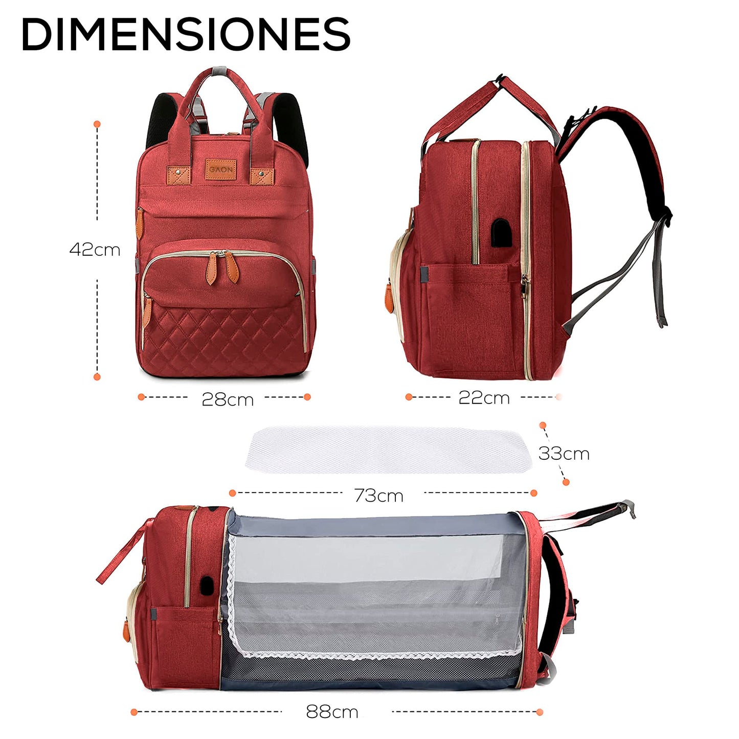 Mochila Pañalera Multifuncional de Gran Capacidad para Bebe | Cuna Convertible Impermeable con Cambiador Plegable … (Rojo.)-#11001000141301010502#
