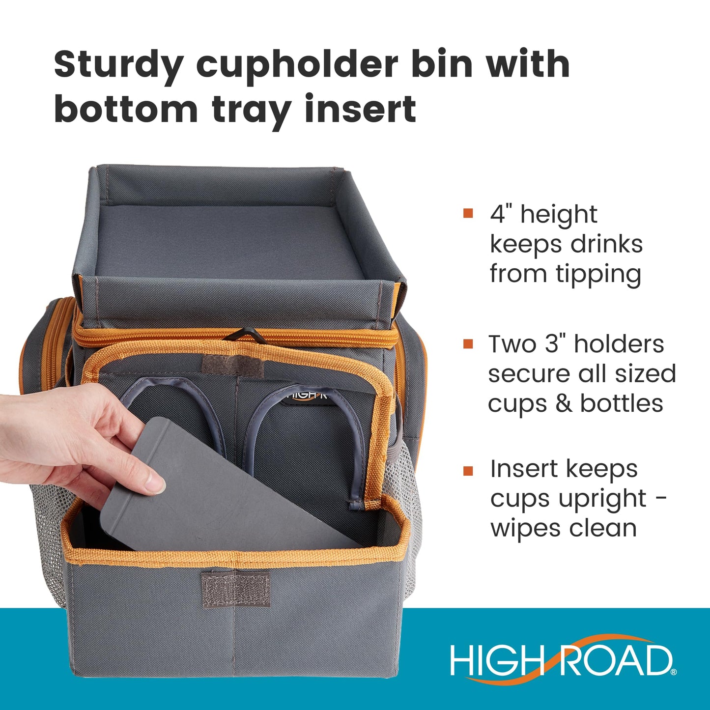 High Road CarHop Organizador de asiento de coche para niños y adultos con bandeja para portavasos y bolsillos laterales y compartimento para refrigerador (mediano, gris)
