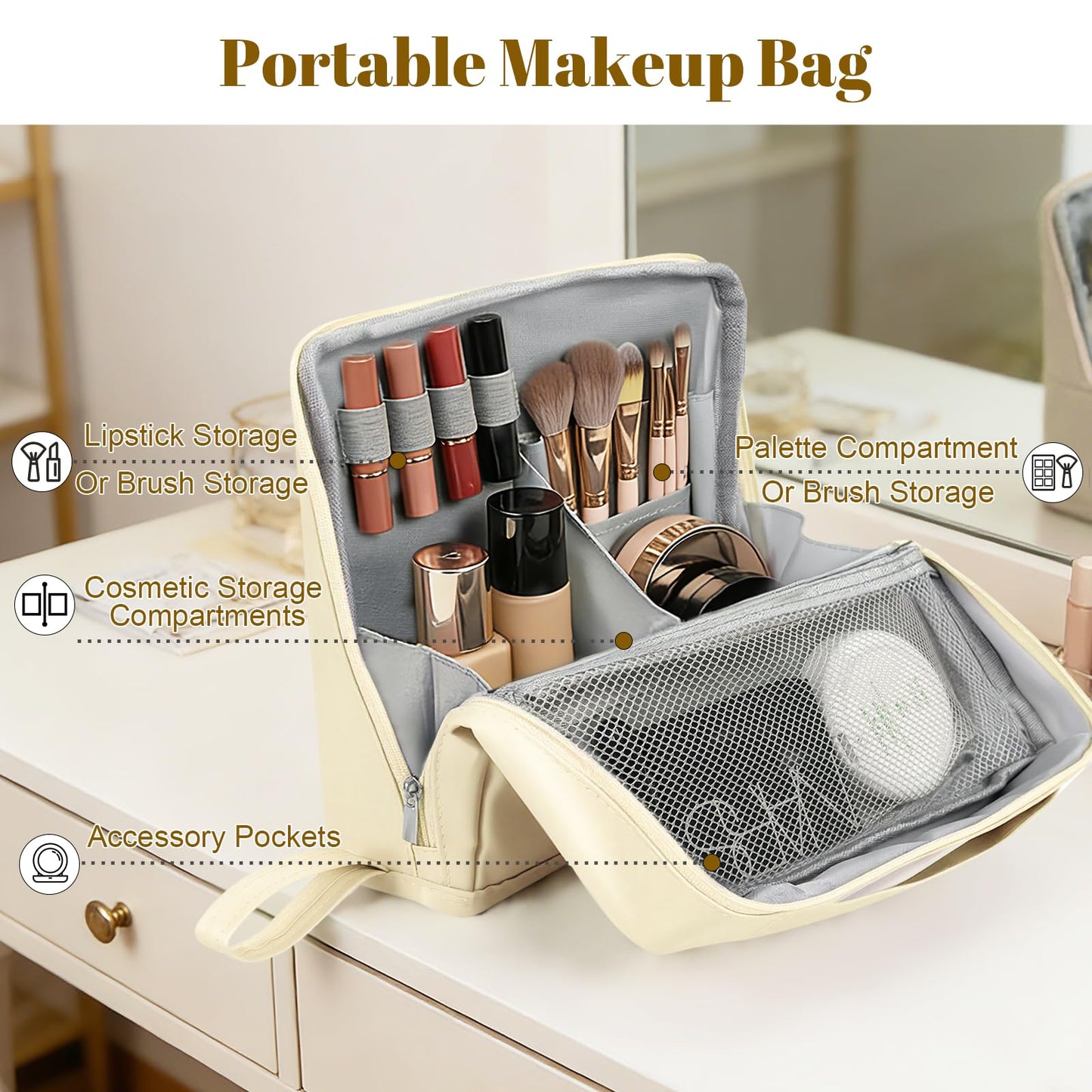 Seektik - Bolsa de maquillaje de pie con múltiples compartimentos, bolsa de maquillaje portátil impermeable plegable de viaje bolsa de maquillaje de pie con almacenamiento de cepillo para polvo para