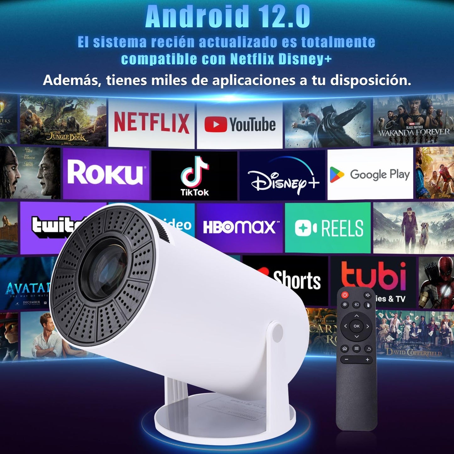 Mini Proyector AOSO Blanco con WiFi 6 y Bluetooth 5.0 para Cine Exterior