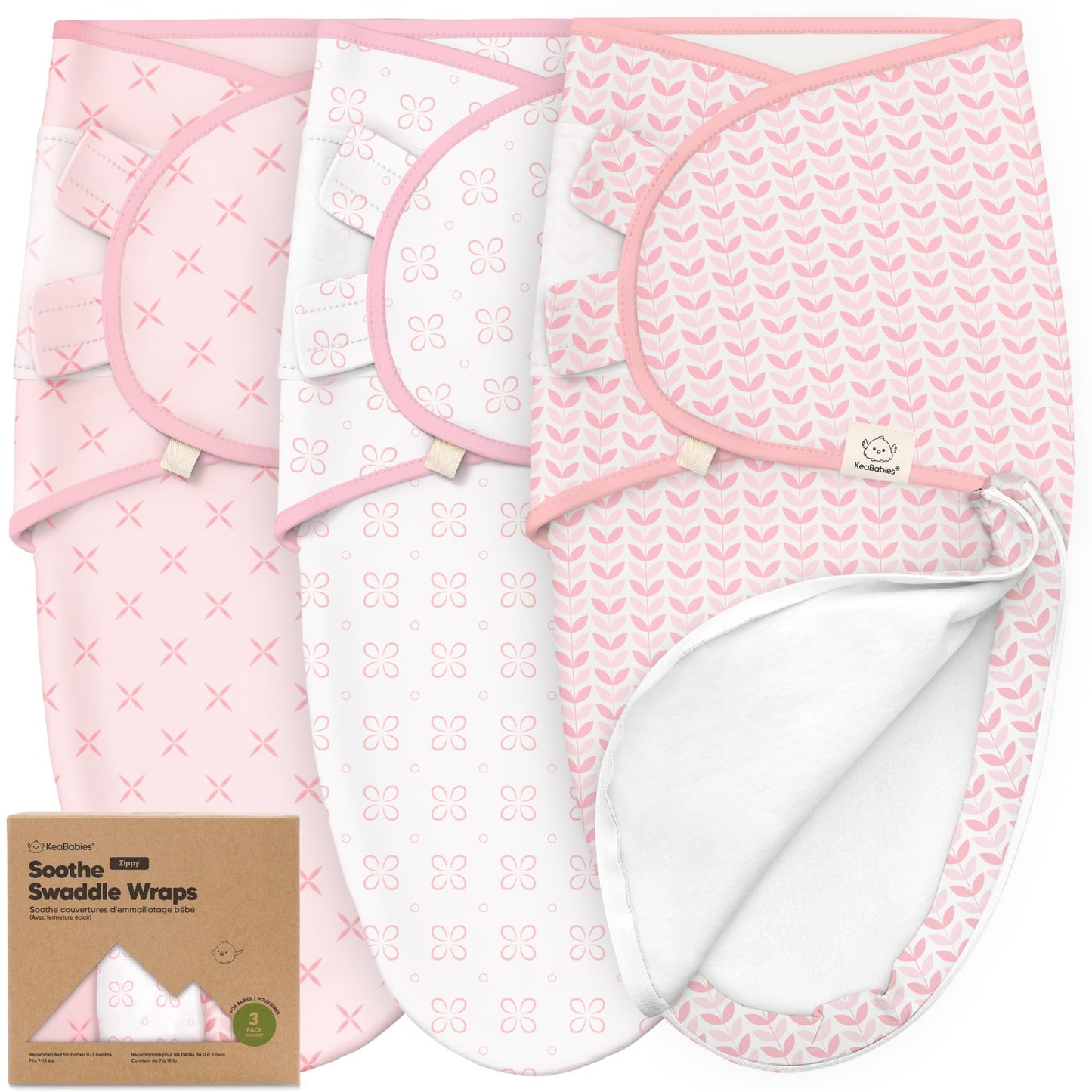 KeaBabies Sacos de Dormir para bebé con Cierre, Paquete de 3 pañales para recién Nacidos de 0 a 3 Meses, bebés, niñas, niños, Saco de Dormir Suave y Duradero, Manta de pañales fácil de Cambiar (Flor)