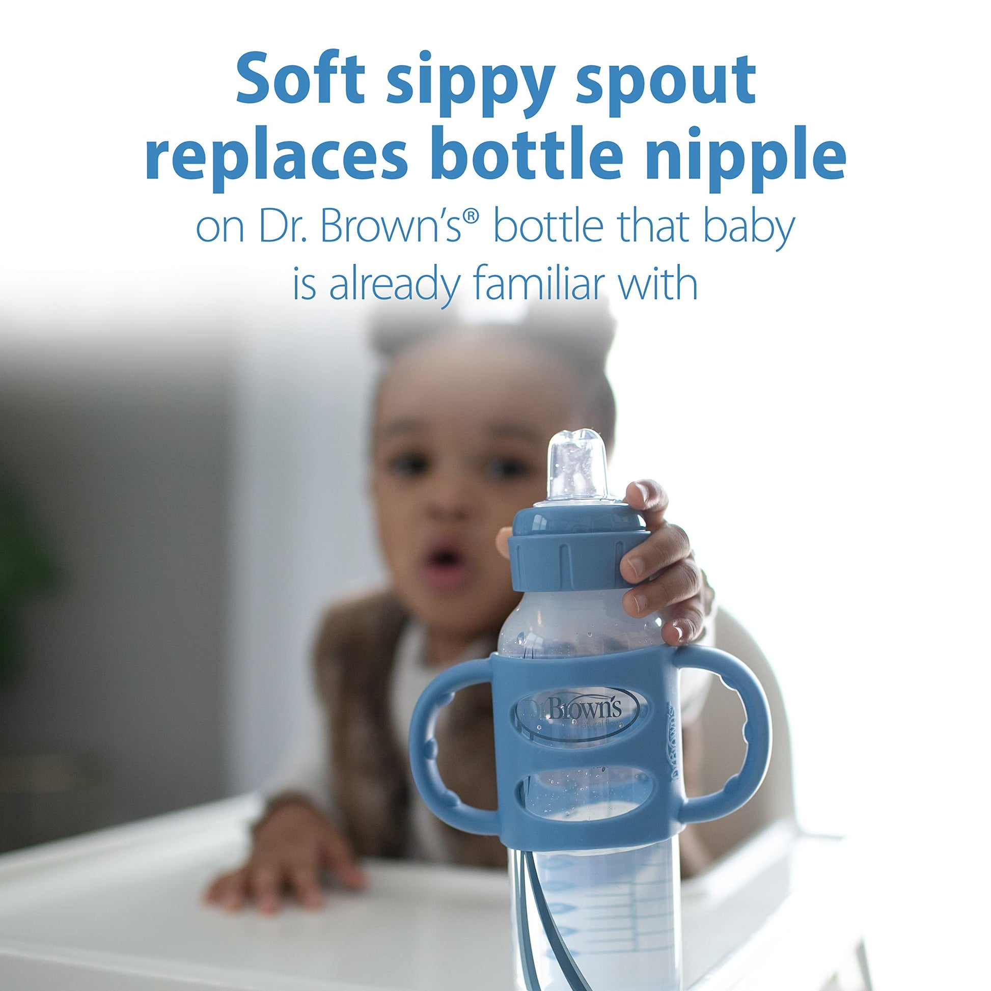 Dr. Brown's Milestones - Botella estrecha para beber con asas 100% de silicona, botella de fácil agarre con boquilla suave, 8 onzas/250 ml, última intervensión de BPA, azul claro, 6 m+