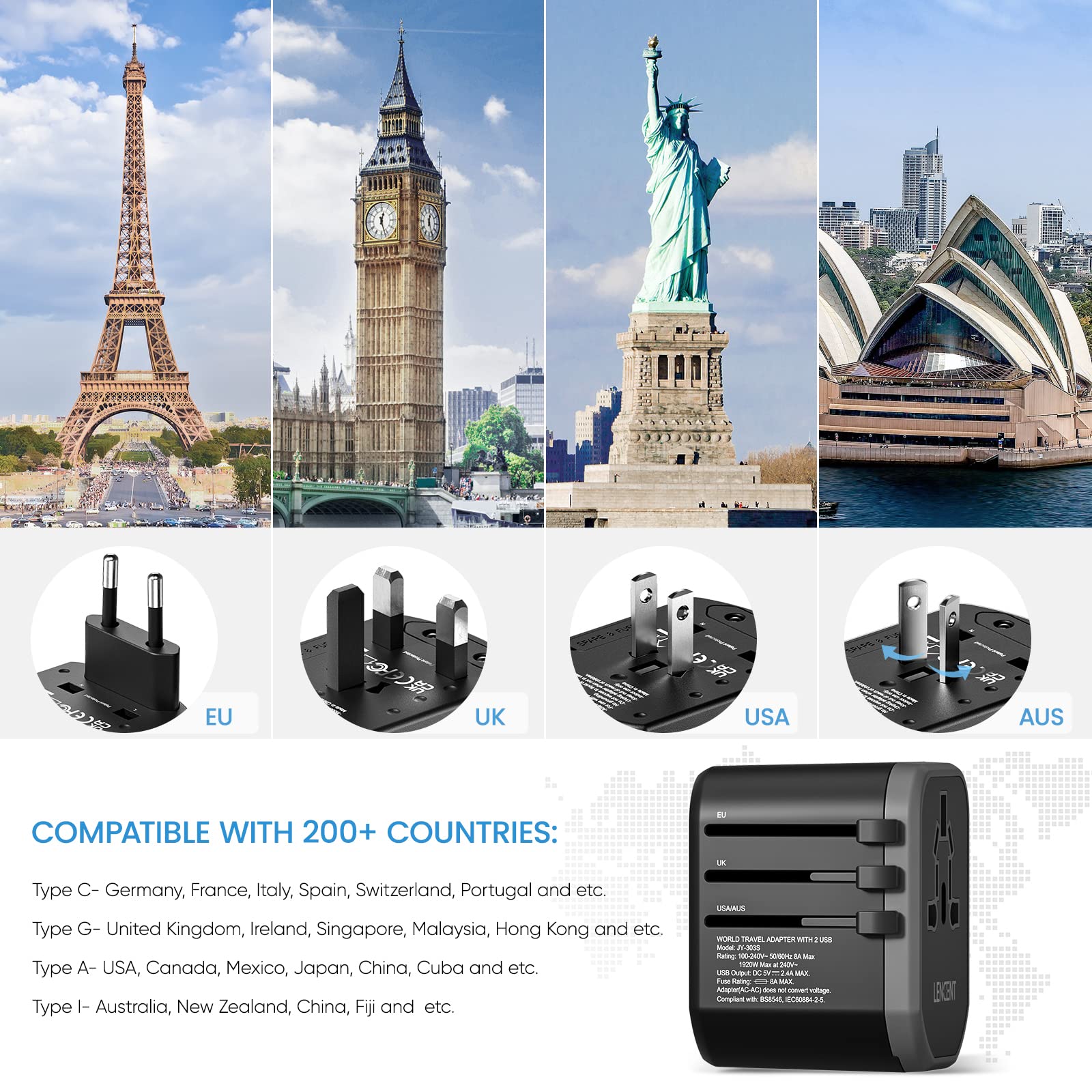 LENCENT Adaptador Enchufe de Viaje Universal, Cargador Internacional de 2 Puertos USB, Enchufe Tipo A/C/G/I para Más de 200 Países (EE. UU./Reino Unido/UE/Australia/Argentina/China), Negro