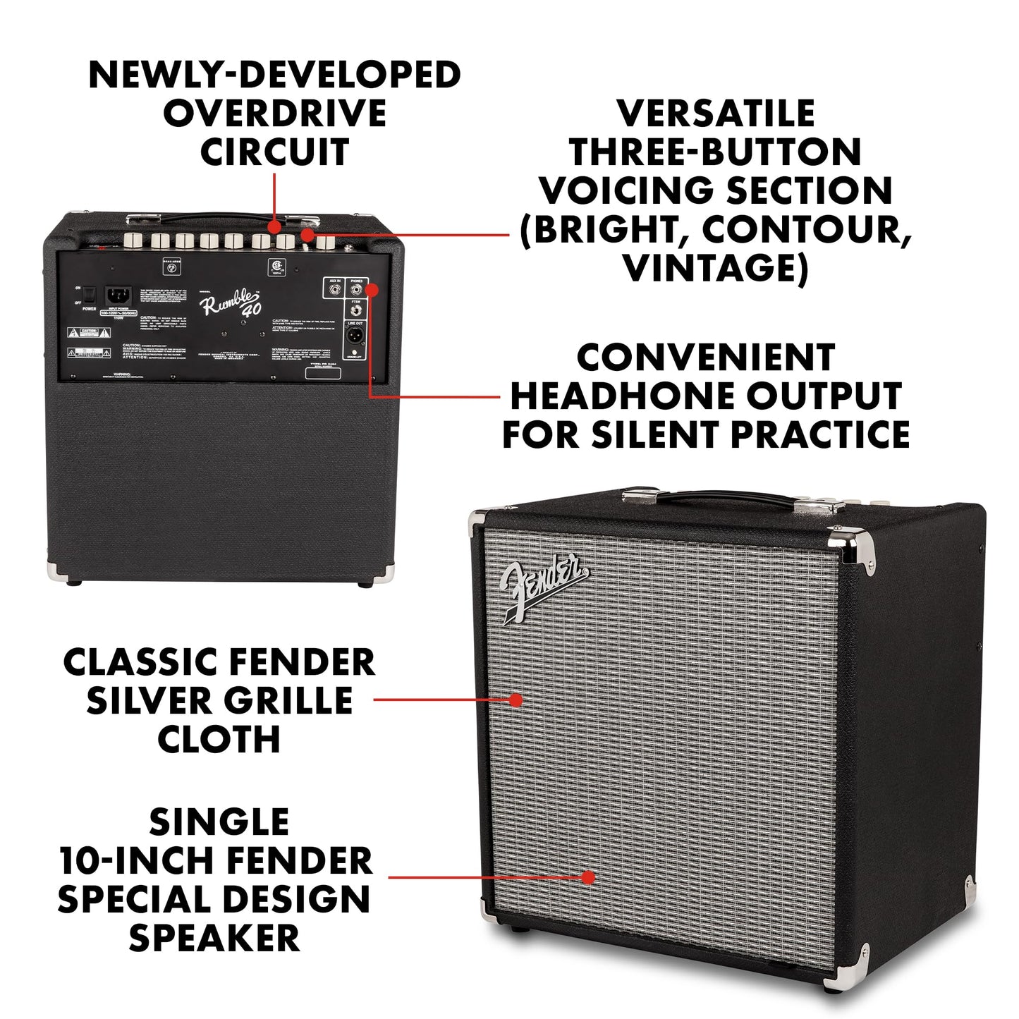 Fender Rumble 40 V3 Bass Amp for Bass Guitar, Bass Combo, 25 Watts, with 2-Year Warranty 8 Inch Speaker, with Overdrive Circuit and Mid-Scoop Contour Switch