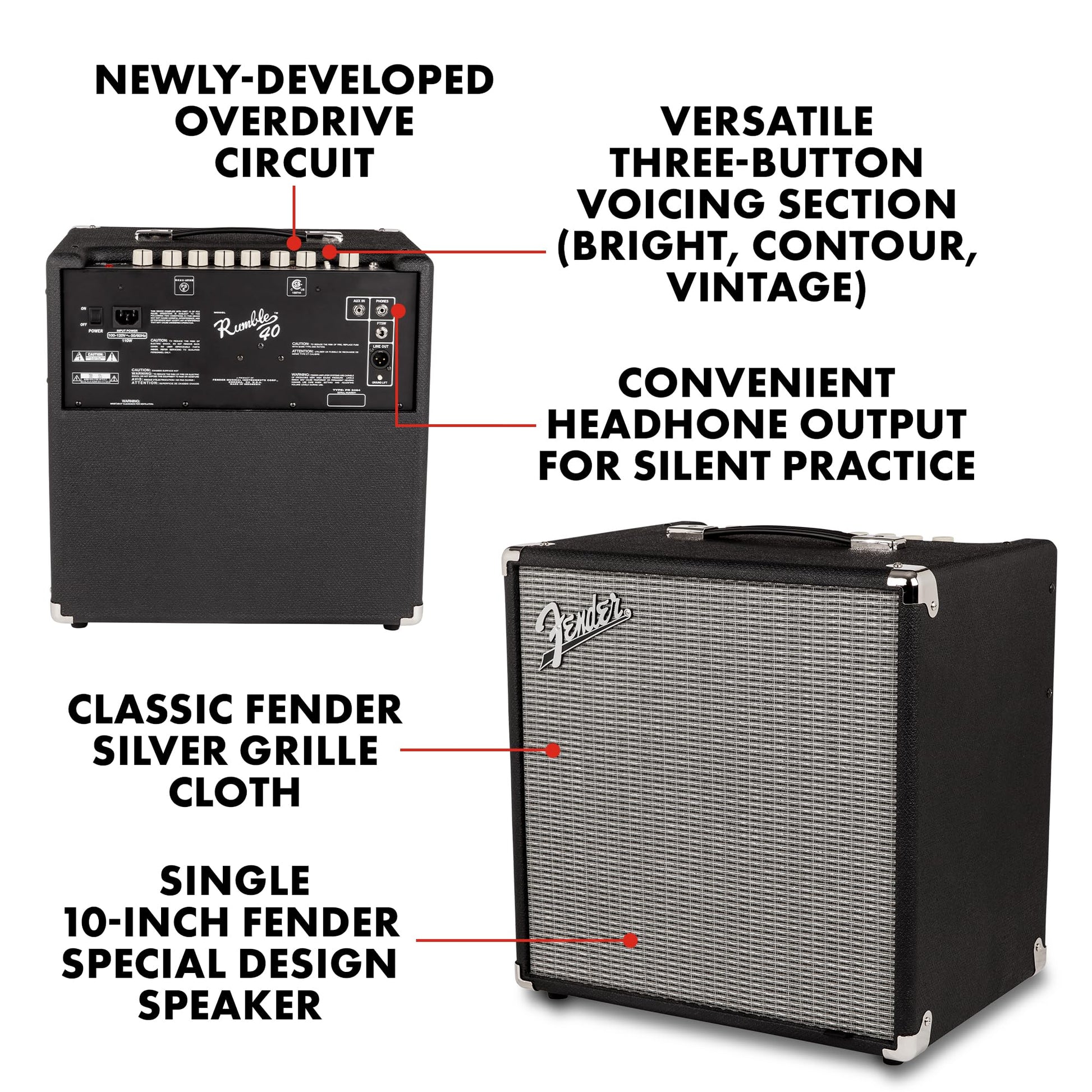 Fender Rumble 40 V3 Bass Amp for Bass Guitar, Bass Combo, 25 Watts, with 2-Year Warranty 8 Inch Speaker, with Overdrive Circuit and Mid-Scoop Contour Switch