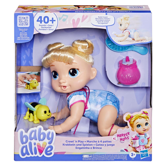Baby Alive, Harper Hugs Gatea y Juega, Set de muñeca electrónica, más de 40 Sonidos, Pelo Rubio, Juguetes para niños y niñas de 27 cm, +3 años,