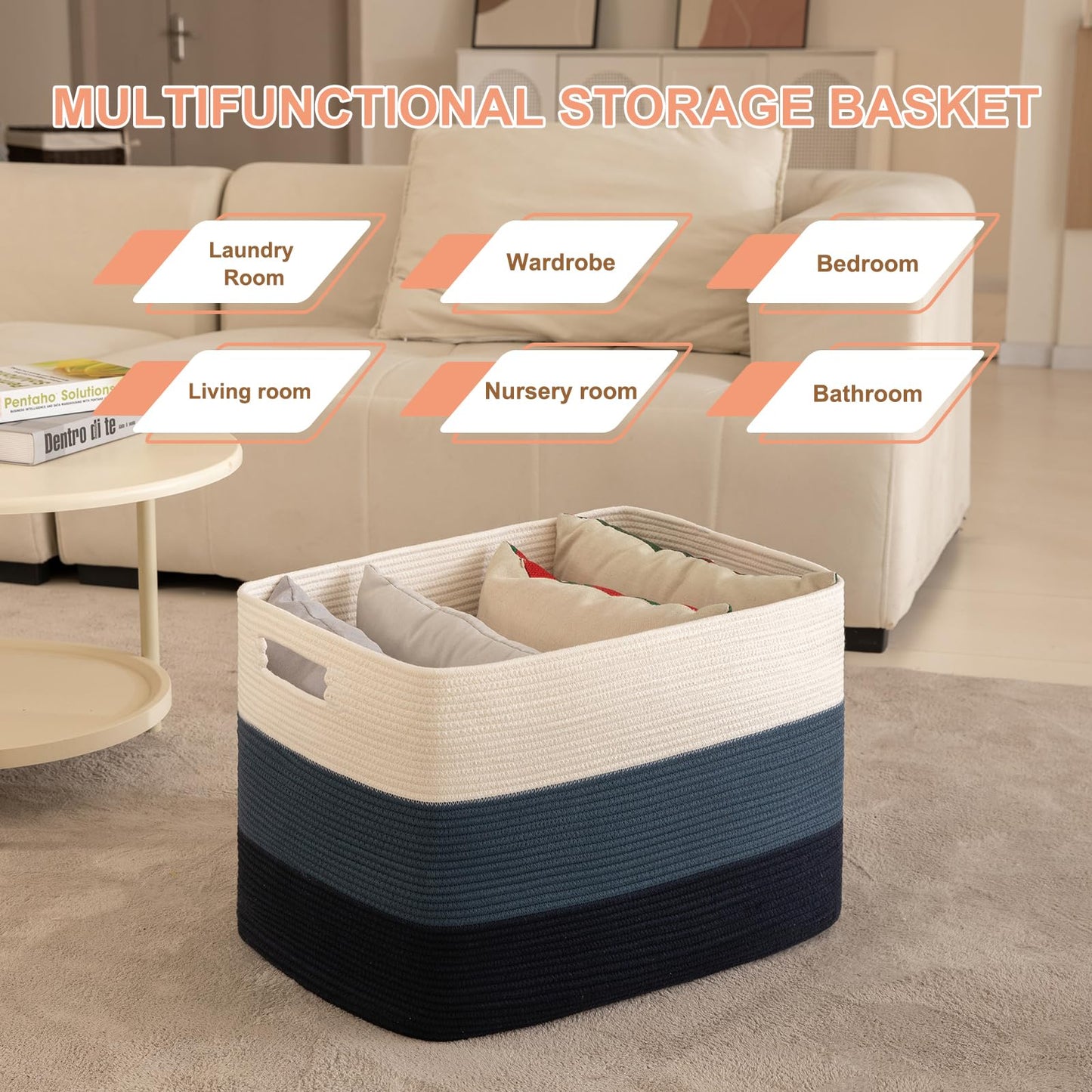 OIAHOMY - Cesta de manta súper grande de 108 litros, 25 x 16 x 16 pulgadas, cestas tejidas rectangulares para almacenamiento, cesta de cuerda de algodón para sala de estar, almacenamiento de juguetes