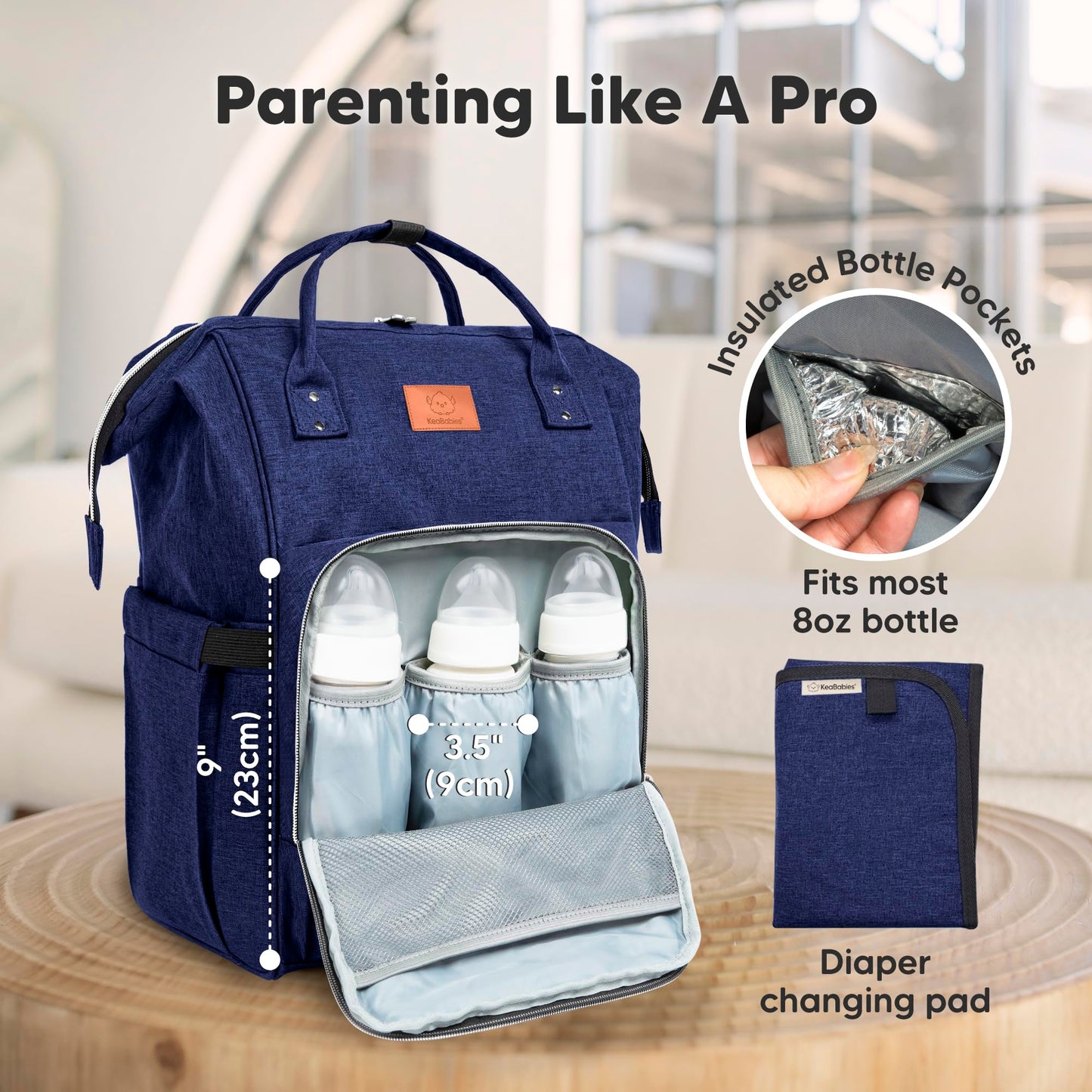 KeaBabies Mochila para pañales - Grandes bolsas impermeables para bebés de viaje, azul marino, 16.5"x12"