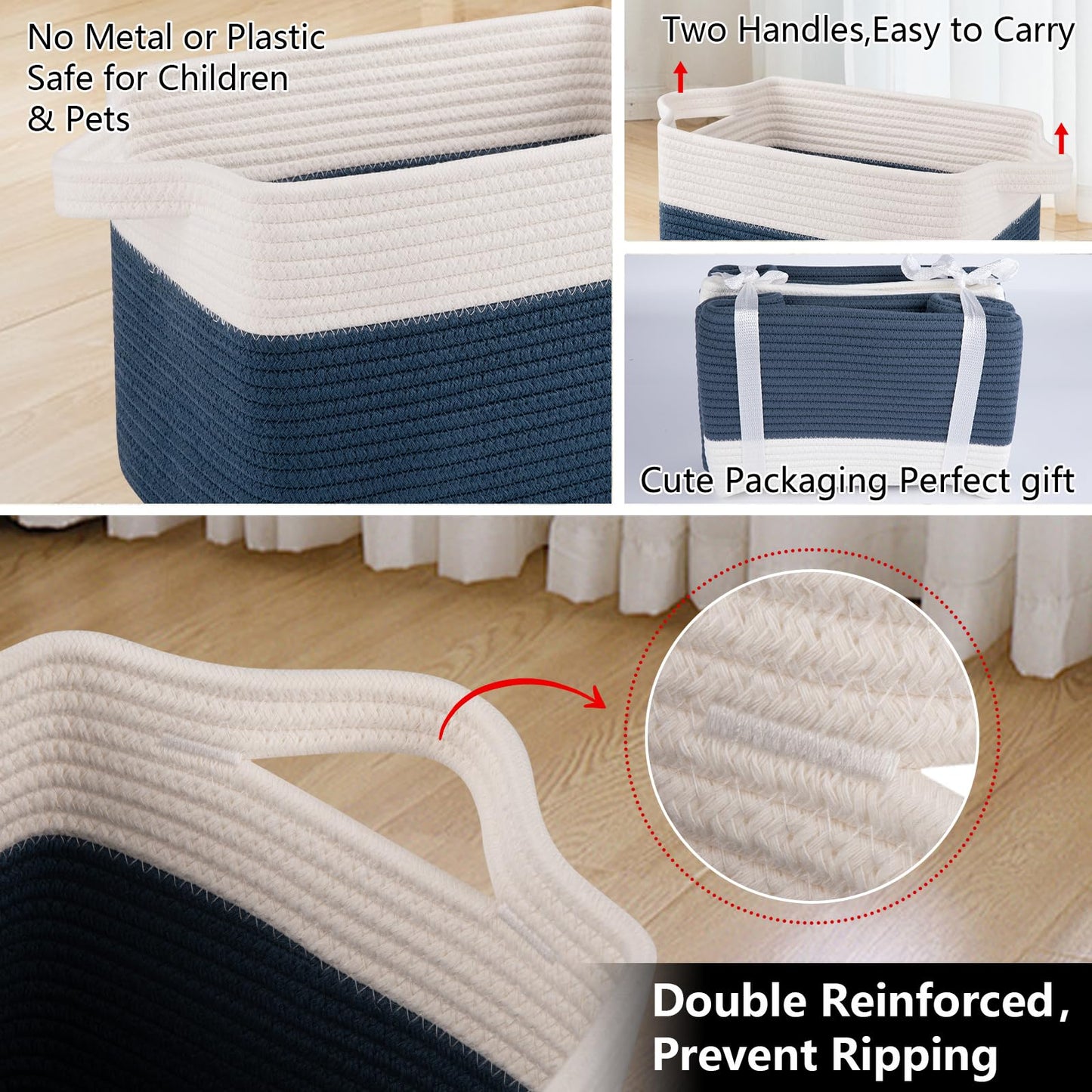OIAHOMY Cesta de almacenamiento, cestas tejidas para almacenamiento, cesta de cuerda de algodón para juguetes, cestas de toalla para baño, paquete de 3, azul y blanco