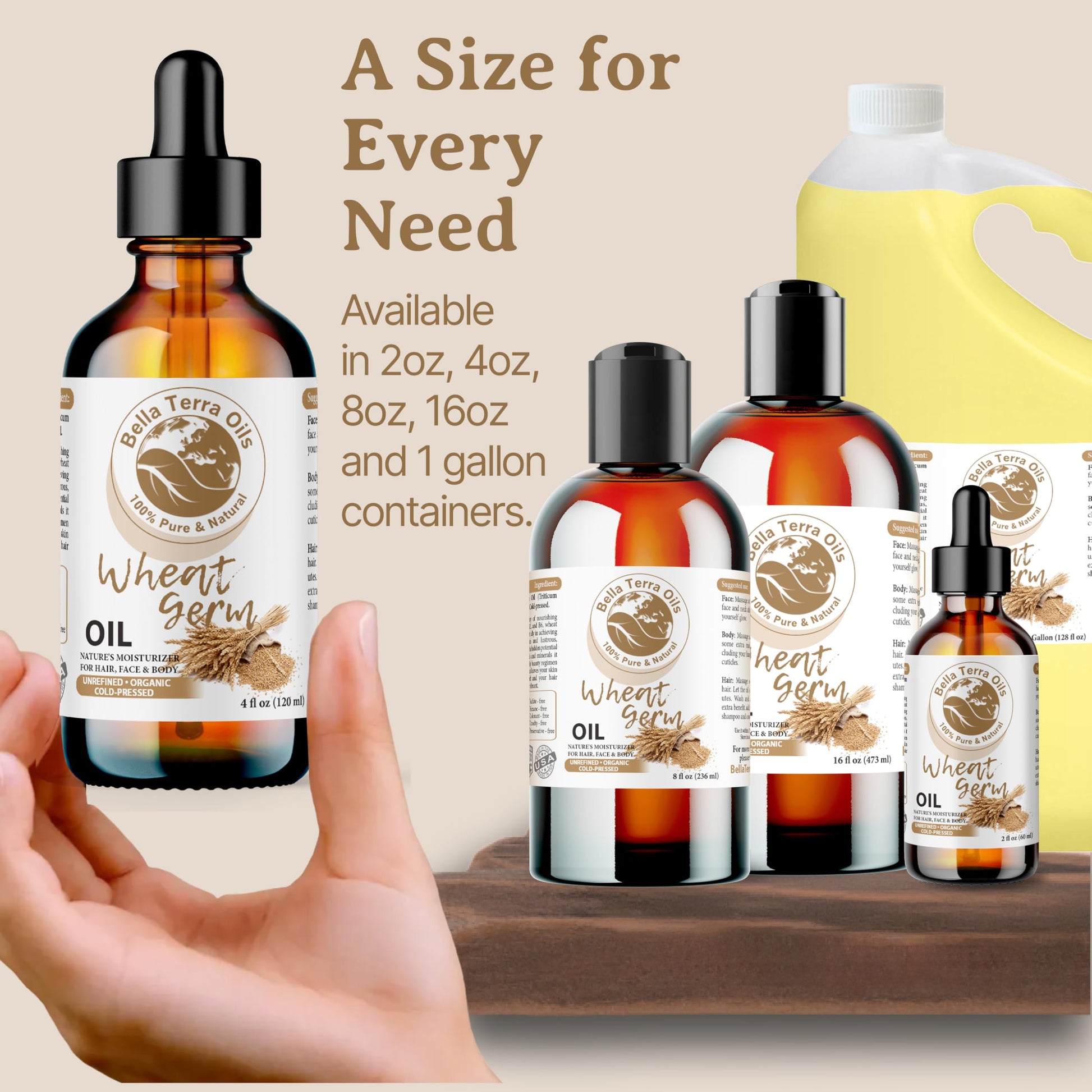 Bella Terra Oils Wheat Germ Carrier Oil. 4oz. 100% Pure. Cold-pressed. Unrefined. Rich in Vitamin E. Non-comedogenic. Soothes Dry Skin. Natural Moisturizer for Skin Hair Nails Stretch Marks