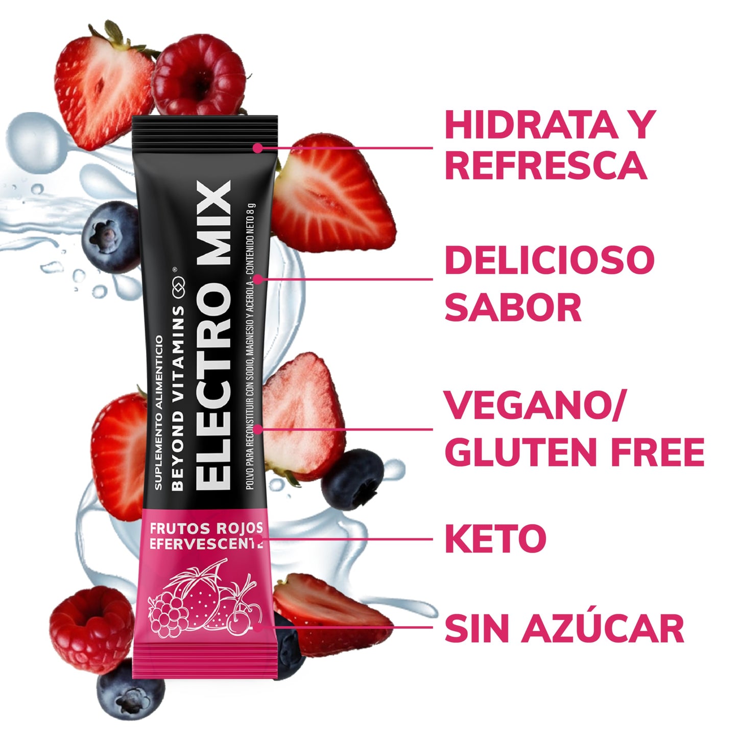 Polvo de Electrolitos Beyond Vitamins Frutos Rojos Efervescente sin Azúcar Baja en Calorías para una Recuperación Increíble