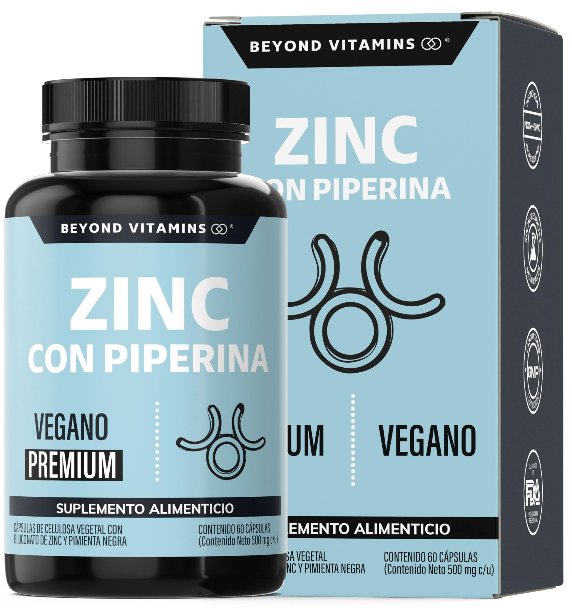 Beyond Vitamins | Zinc 20mg (Gluconato de Zinc) Potenciado con Piperina Estandarizada al 95%, Apto para dietas Veganas, Premium (60 Cápsulas)
