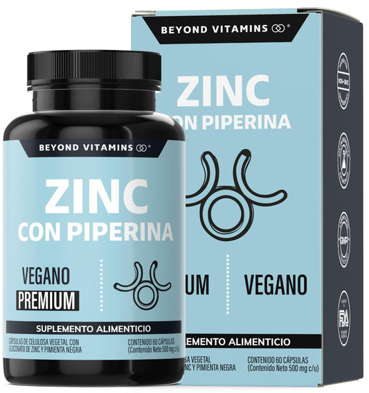 Beyond Vitamins | Zinc 20mg (Gluconato de Zinc) Potenciado con Piperina Estandarizada al 95%, Apto para dietas Veganas, Premium (60 Cápsulas)