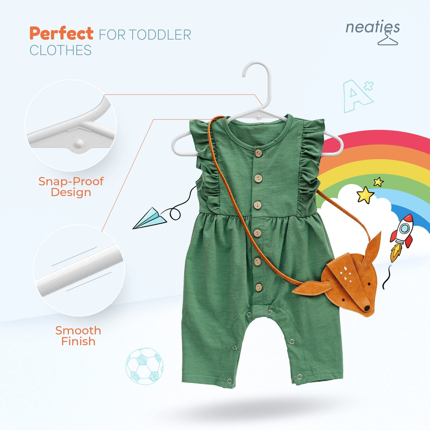Neaties - Perchas de plástico para niños de 12 pulgadas, paquete de 50 unidades (60 unidades) – Fabricado en los Estados Unidos – Perchas de ropa para bebés y niños pequeños de 5 libras con muescas y