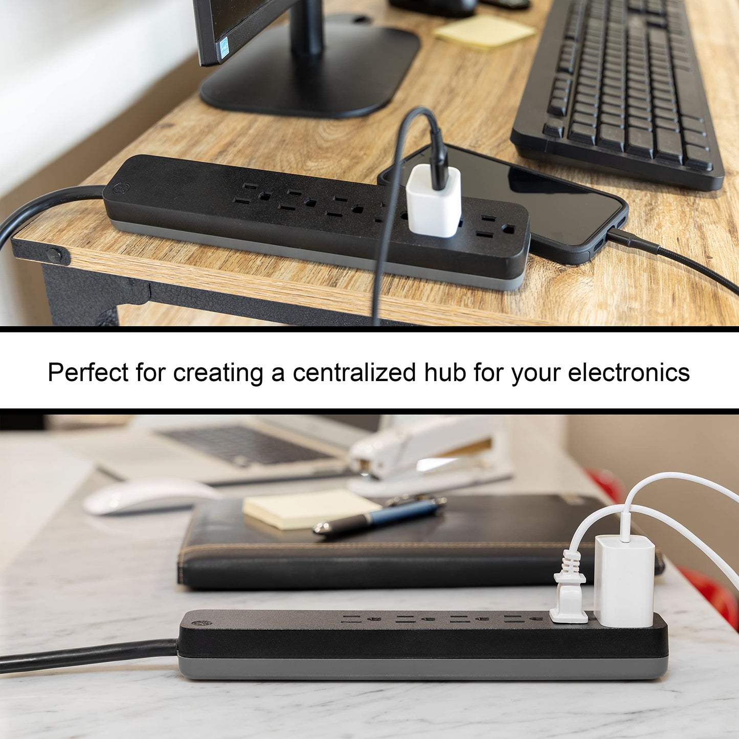 GE Pro 6 Outlet Surge Protector, 2 ft Long Extension Cord, Power Strip, Flat Plug, Wall Mount, Black, 45170