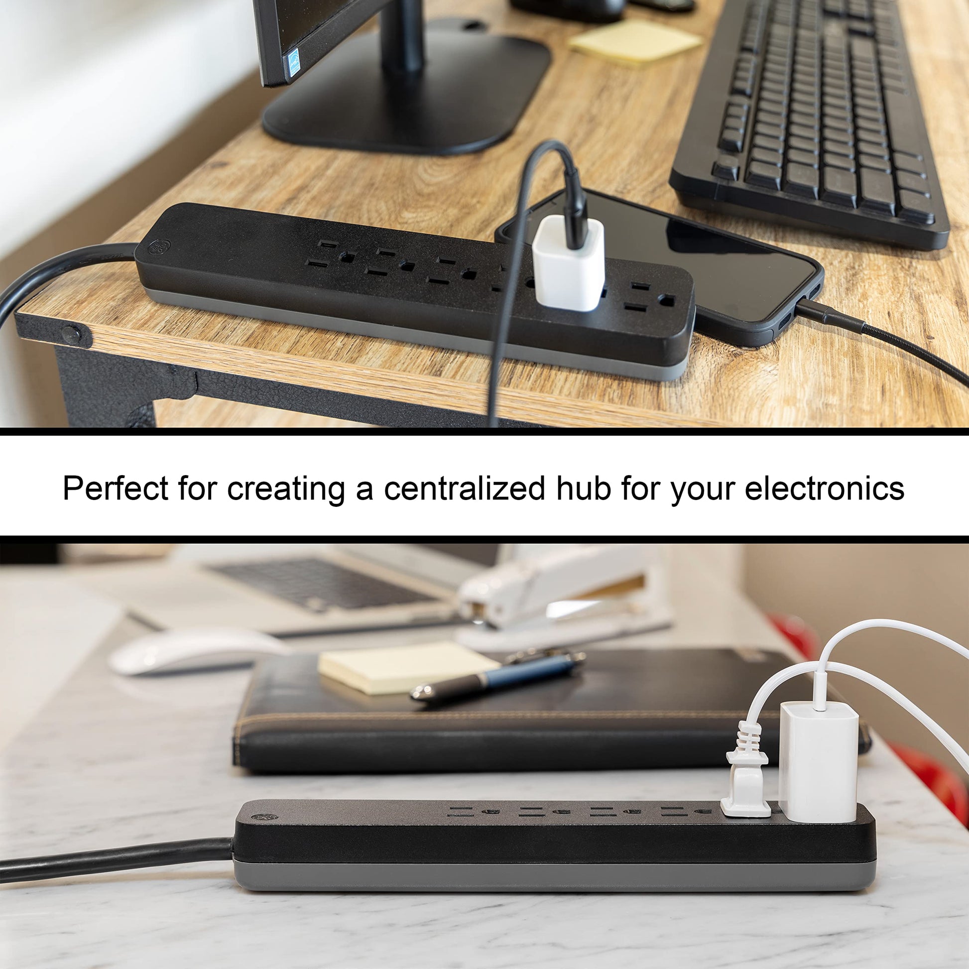GE Pro 6 Outlet Surge Protector, 2 ft Long Extension Cord, Power Strip, Flat Plug, Wall Mount, Black, 45170