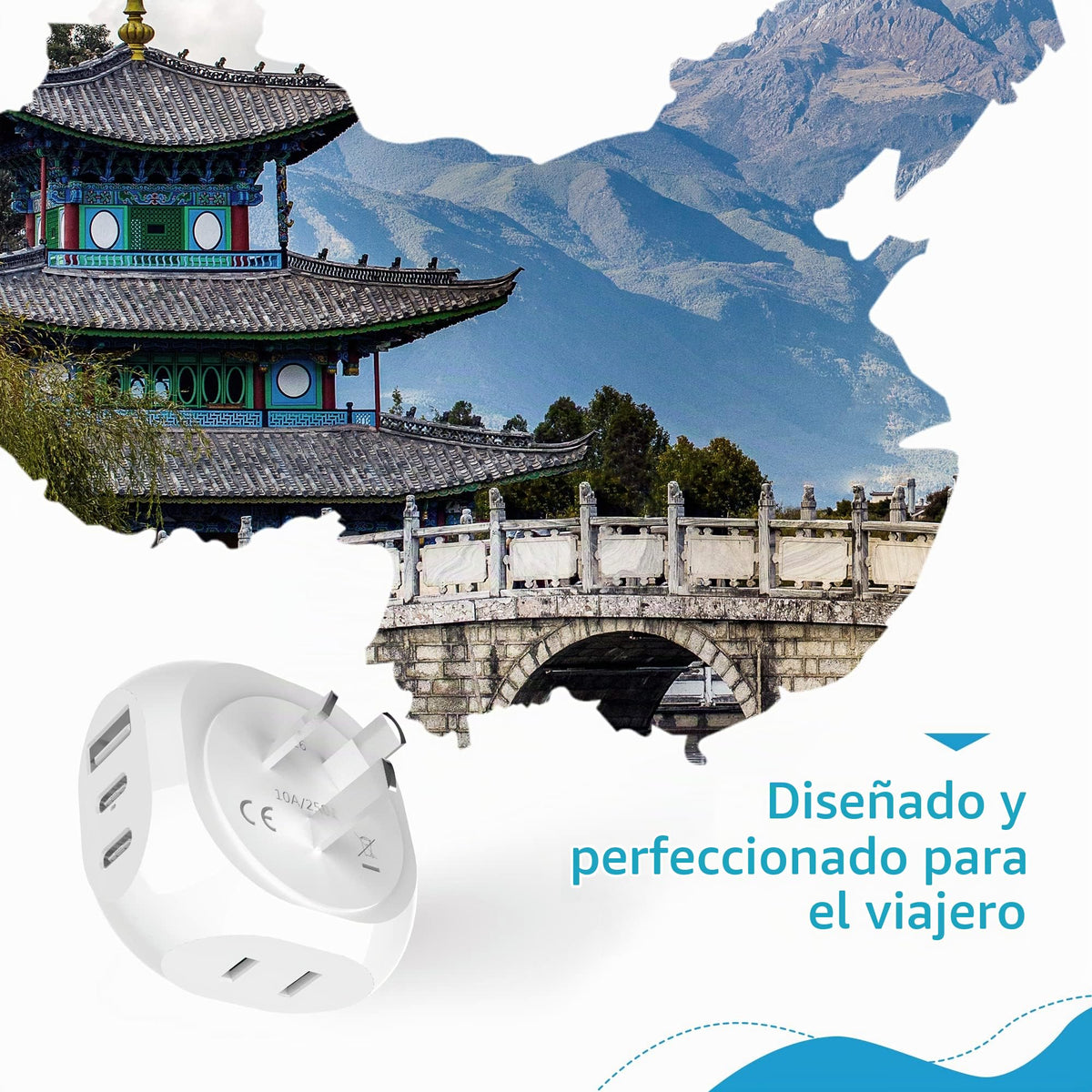 Adaptador De Viaje Ceptics Azul | 5 Entradas Con 20W PD-QC 3.1A Dual USB-C Y USB | Ultracompacto Y Ligero Para Australia Y China