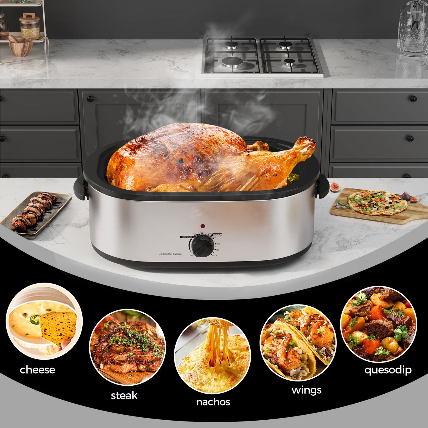Horno tostador de 18 cuartos con tapa autohilado, horno tostador de pavo con función de descongelación y calor, temperatura ajustable, estante eléctrico extraíble para sartén, acero inoxidable, plata
