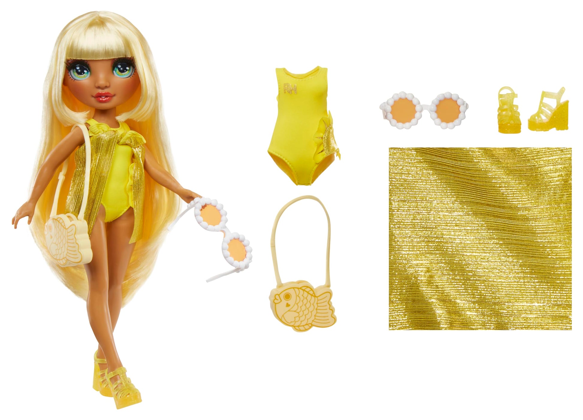 Muñeca Rainbow High Sunny Amarillo con Pareo y Traje de Baño Removible para Niños y Niñas