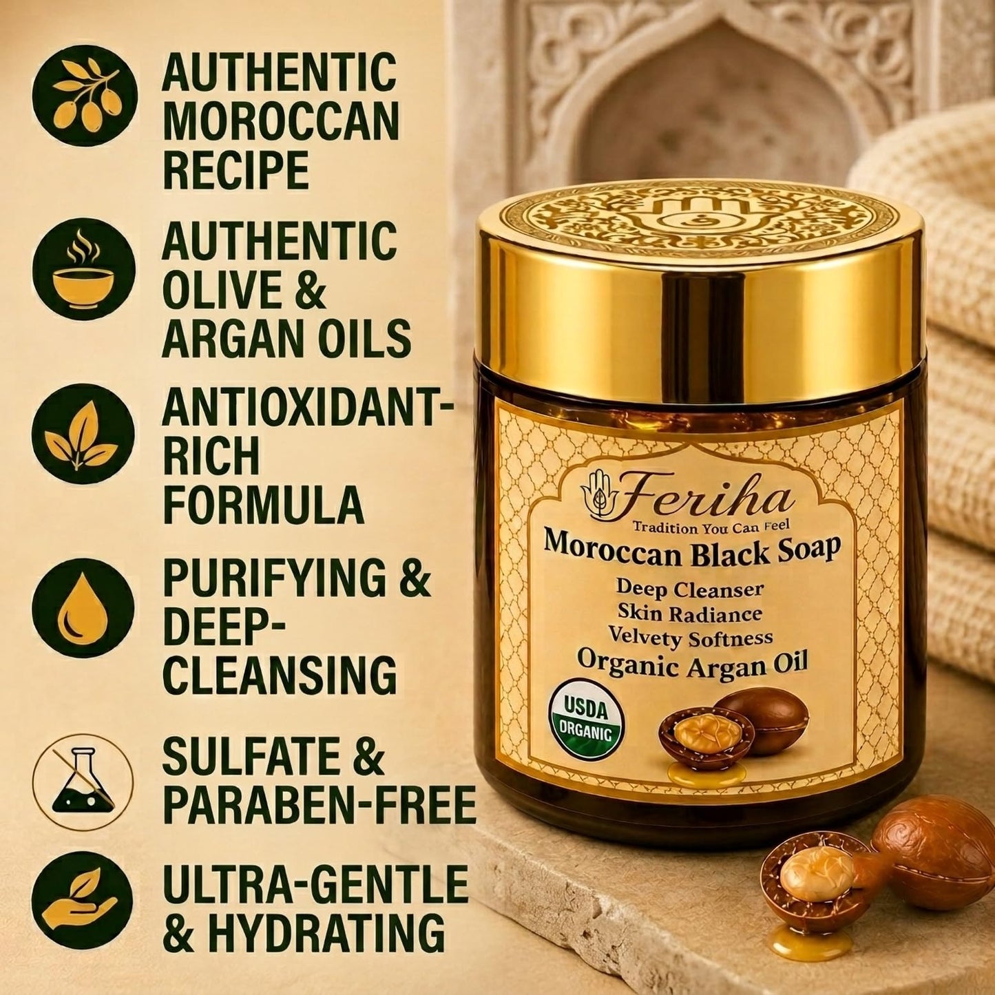 FERIHA- Jabón negro marroquí de primera calidad con aceite de argán orgánico, 100% auténtico, jabón artesanal Beldi, de origen Cr