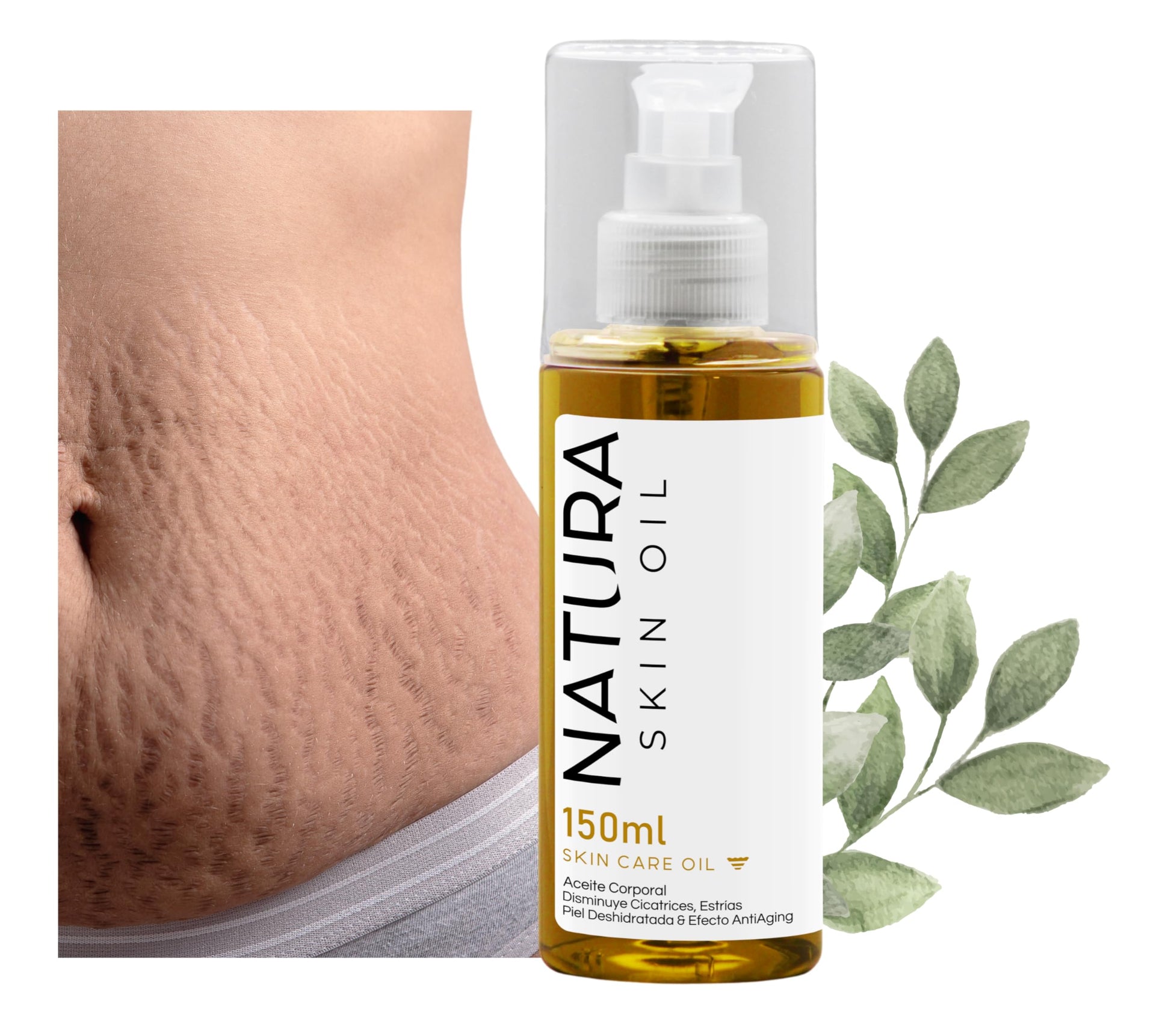 Rouge Co. Aceite Corporal Anti Estrías y Cicatrices Skin Care Reafirmante, No es Grasoso, Hidrata y Nutre Profundamente -Natura Skin Oil 150ml.