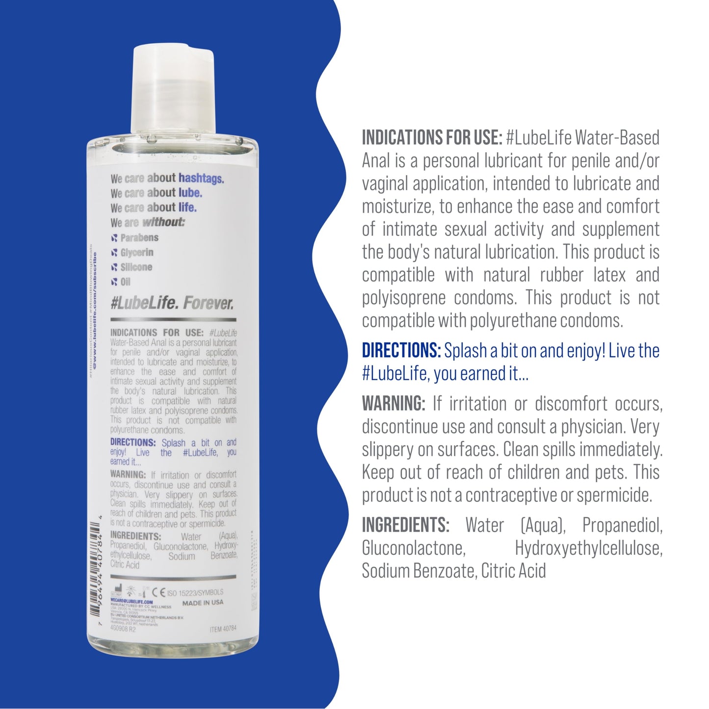 Lube Life Lubricante Anal a Base de Agua, 360 ml, Sin Parabenos ni Glicerina, Compatible con Condones