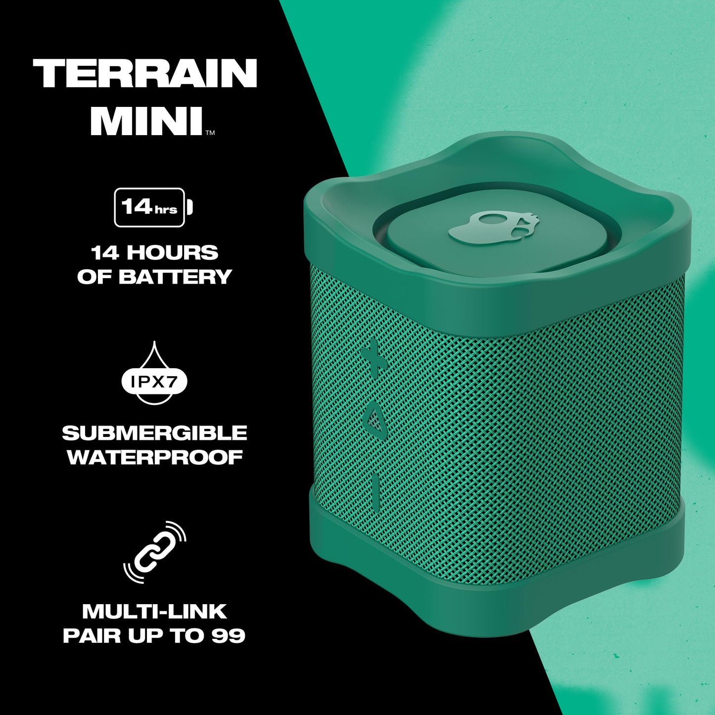 Skullcandy Terrain Mini Altavoz inalámbrico Bluetooth – Altavoz portátil Impermeable IPX7 con radiadores pasivos Personalizados duales, batería de 14 Horas, muñequera de Nailon y estéreo inalámbrico