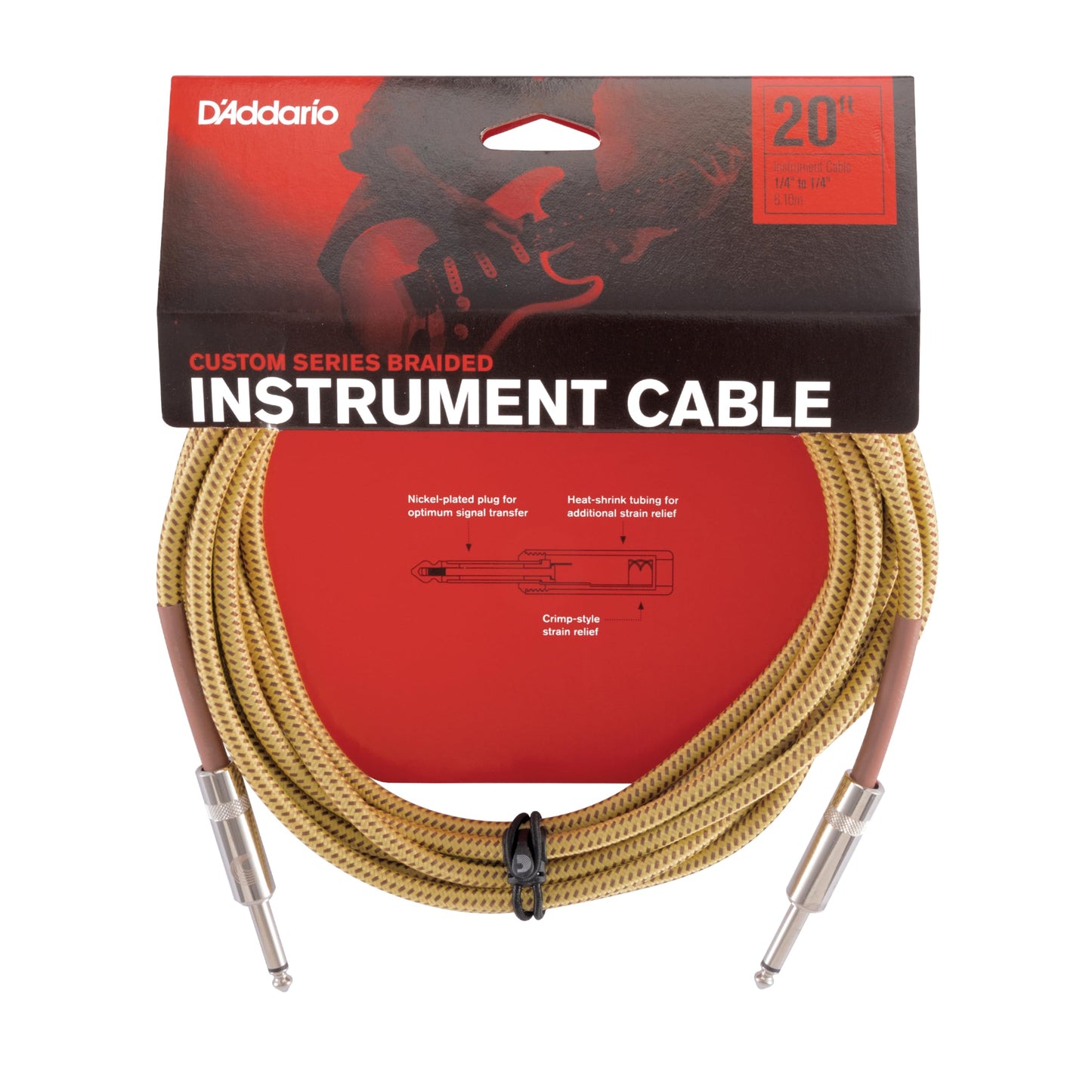 D'Addario Guitar Cable - Guitar Lead - Instrument Cable - Guitar Accessories - Custom Series Braided Cable - 20 Feet/7.62 Meters - Tweed - 1 Pack