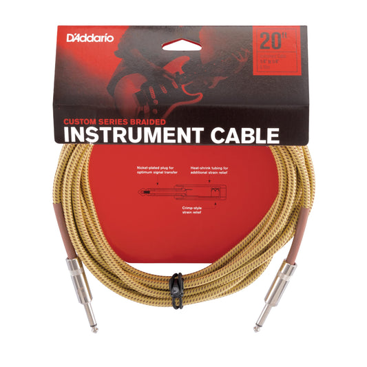 D'Addario Guitar Cable - Guitar Lead - Instrument Cable - Guitar Accessories - Custom Series Braided Cable - 20 Feet/7.62 Meters - Tweed - 1 Pack