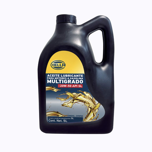 HELLA Aceite Para Motor A Gasolina 20W50 SL, 358277131, HMOSL-20W50, Garrafa de 5 litros, durabilidad de hasta 5.000 km, recomendado para autos livianos con alto kilometraje