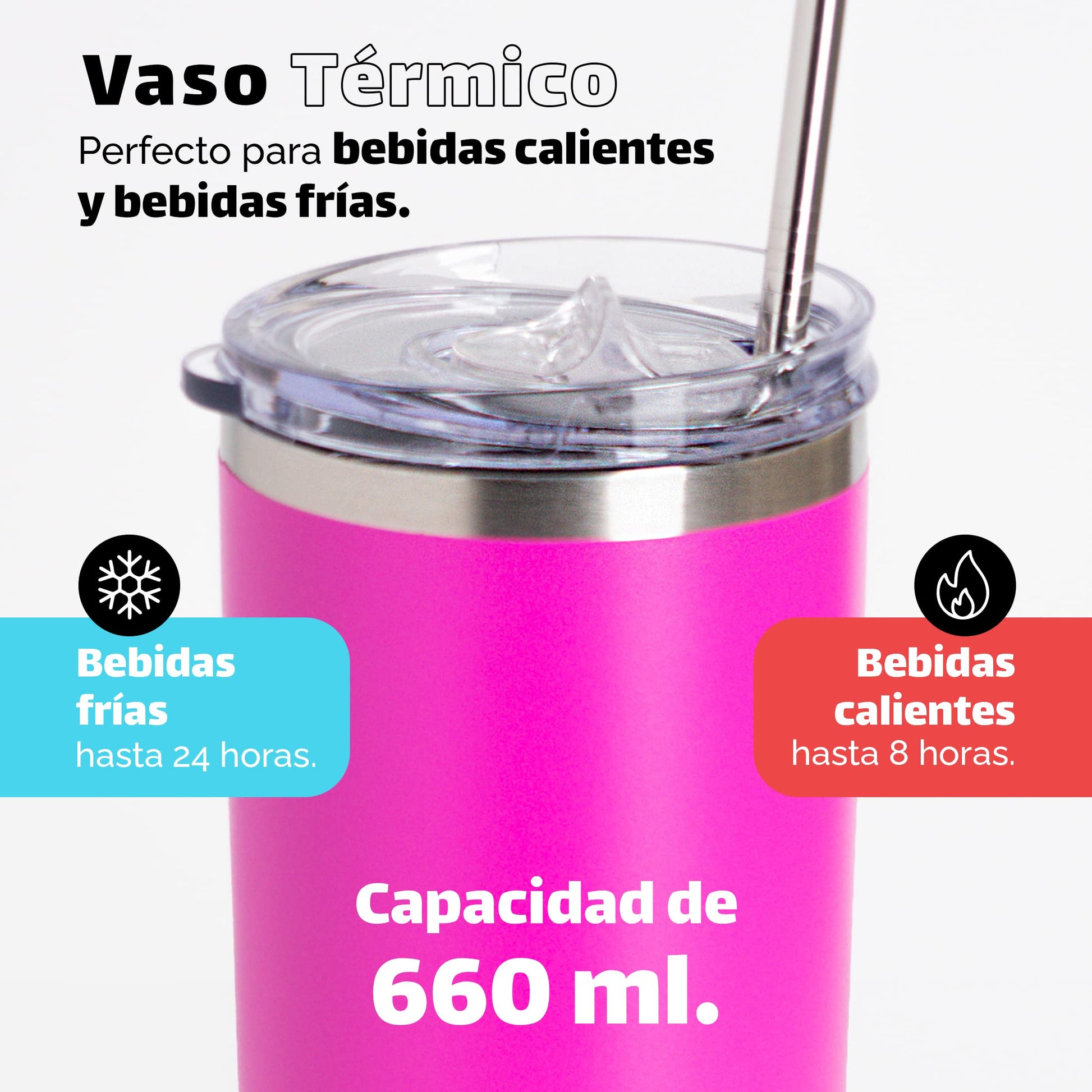 Vaso Térmico Norday Rosa 22 oz Acero Inoxidable Doble Pared Antiderrame 24hs Temperatura para Viaje