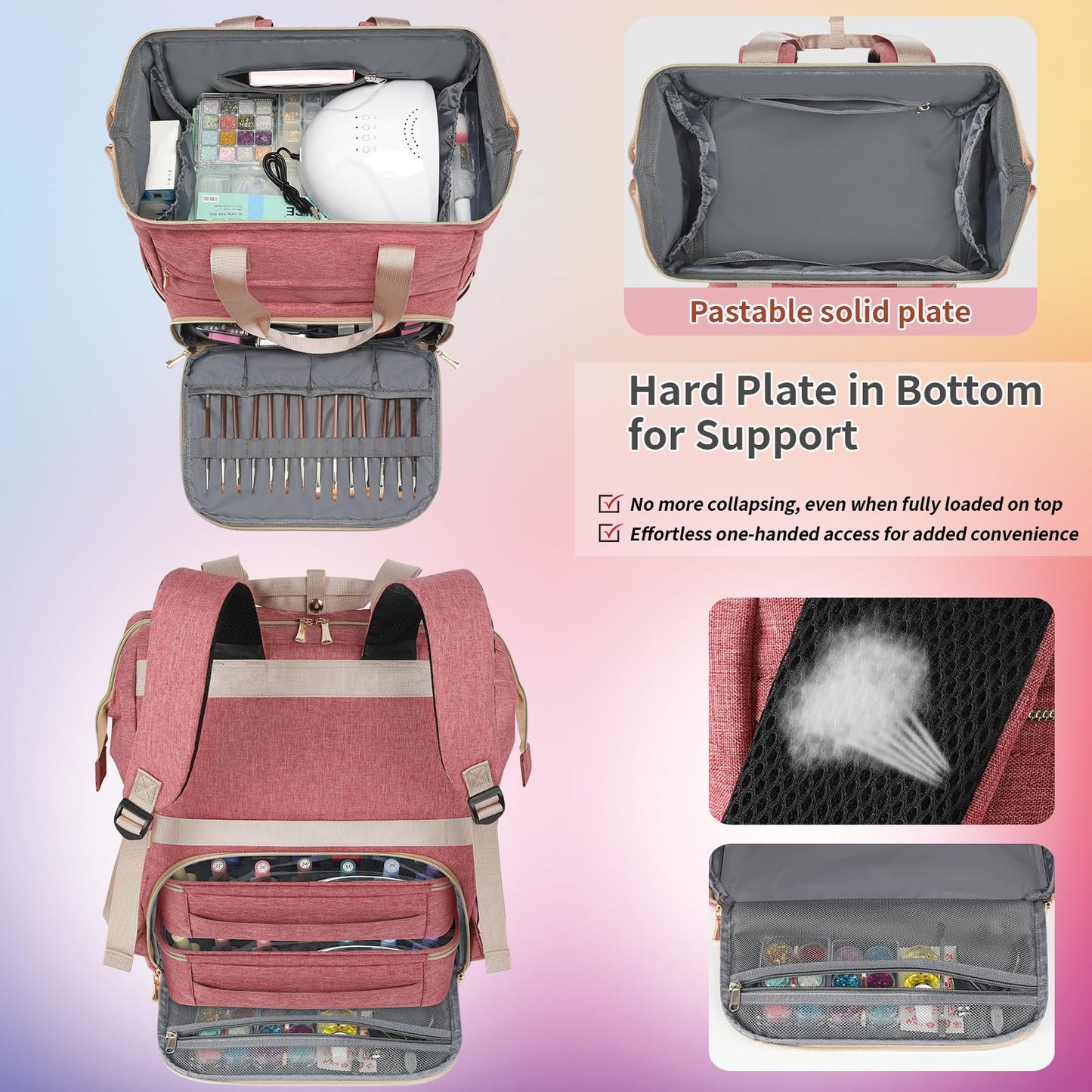 LTINVECK - Funda organizadora de esmalte de uñas con capacidad para 70 botellas y lámpara de uñas, 2 capas desmontables, kit de suministros de uñas, Rosado, Viajes