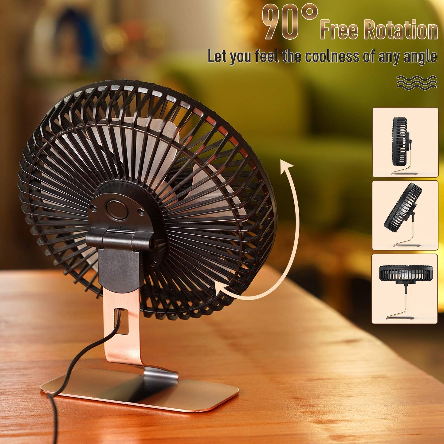 Ventilador de Escritorio SLENPET Bronce USB 6 Pulgadas Ultra Silencioso 4 Velocidades Base de Metal