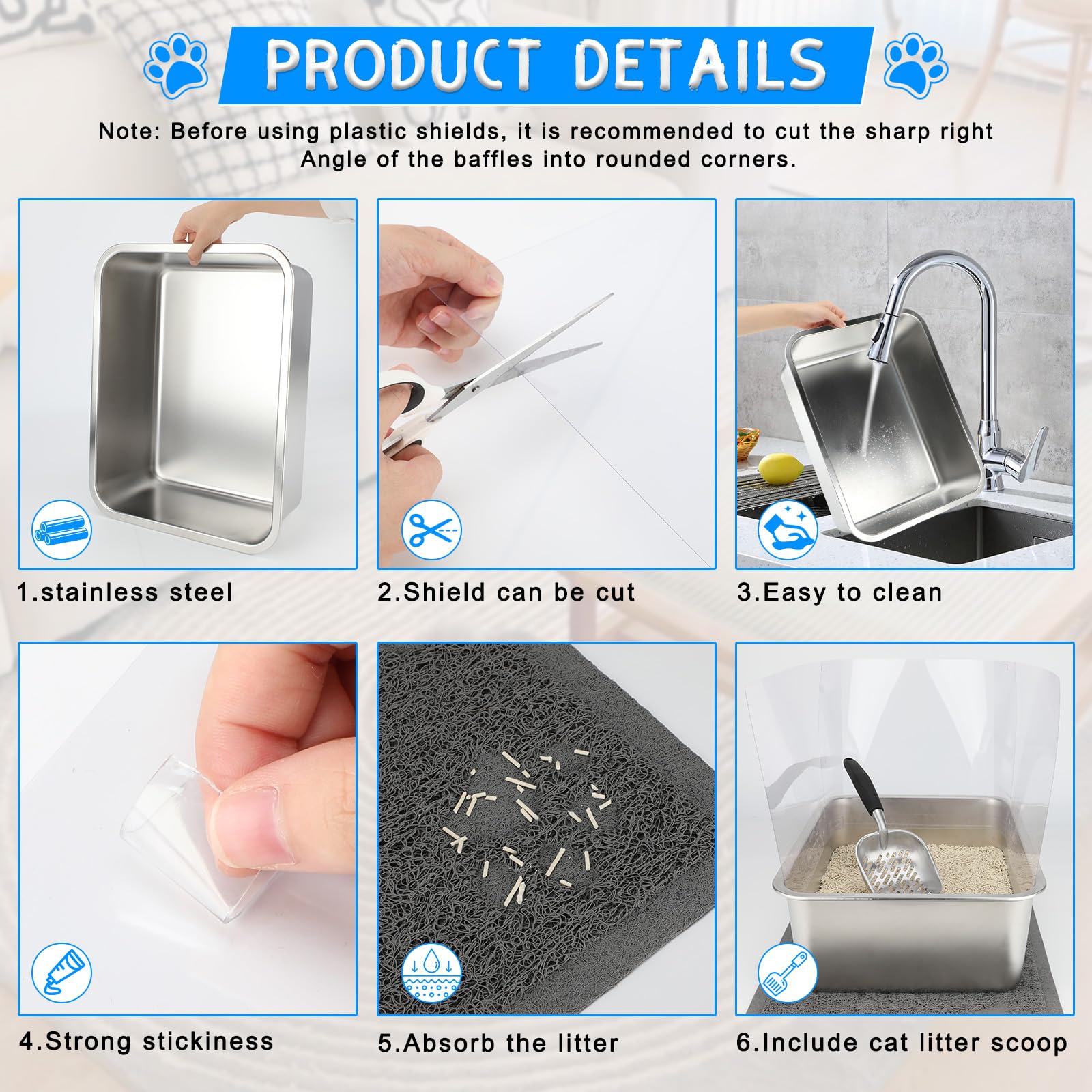 Juego de Cajas de Arena de Acero Inoxidable YUEPET Plata con Lados Altos y Control de Olores para Gatos