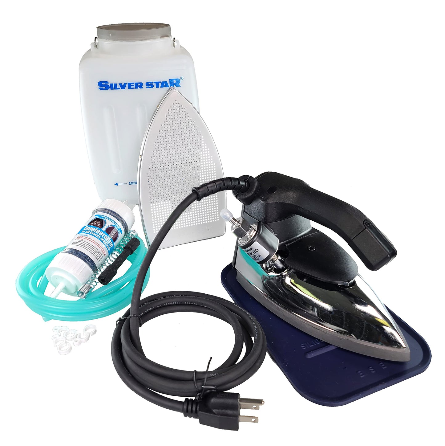 Silver Star ES-90A Plancha de vapor - Botella colgante alimentada por gravedad de 110 voltios, plancha con suela laminada antiadherente, cartucho desmineralizador, soporte de hierro de silicona y