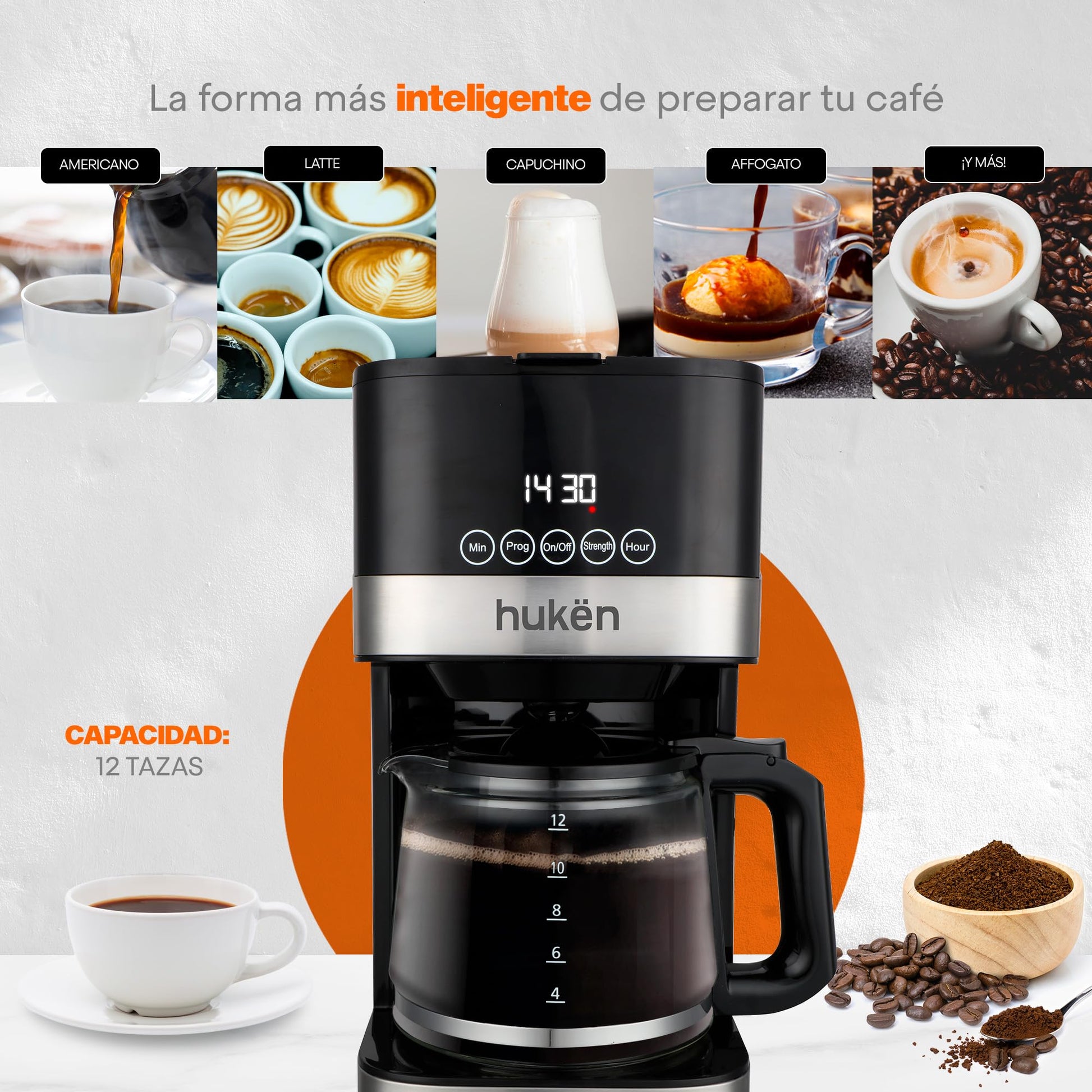 Cafetera Smart Brew MasterChef by Hukën, Cafetera de goteo, programable, inteligente, con filtro permanente, capacidad 12 tazas, gris, modelo MK-DCM-12PV2