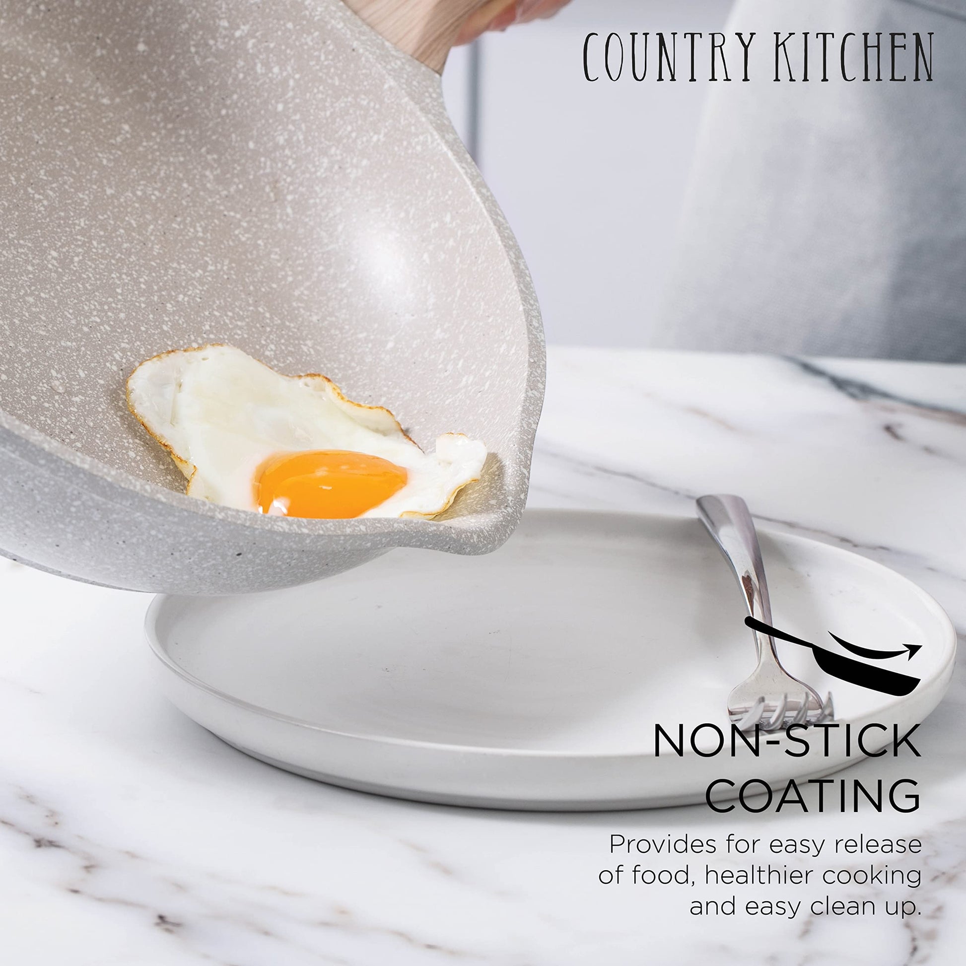 Country Kitchen - Juego de utensilios de cocina antiadherentes de inducción 13 ollas y sartenes de aluminio con asas BAKELITE - Ollas de inducción y sartenes con tapas de vidrio Crema (YCASPF9 CRM)