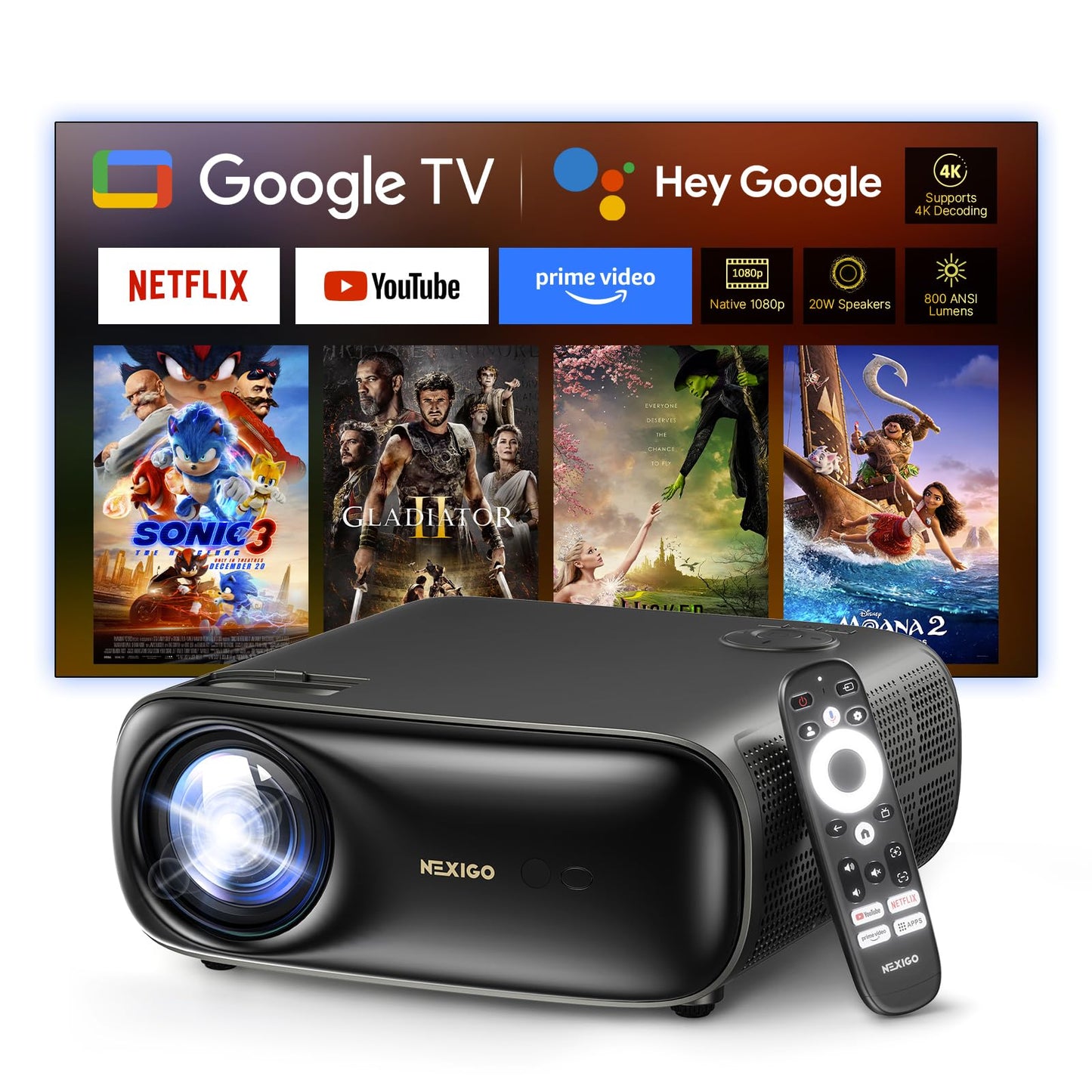 NexiGo PJ40 Pro Google TV Proyector, Native 1080p, soporte 4K, mejora de imagen AI, 800 lúmenes ANSI, proyector inteligente con piedra clave automática, altavoces de 20 W, control remoto