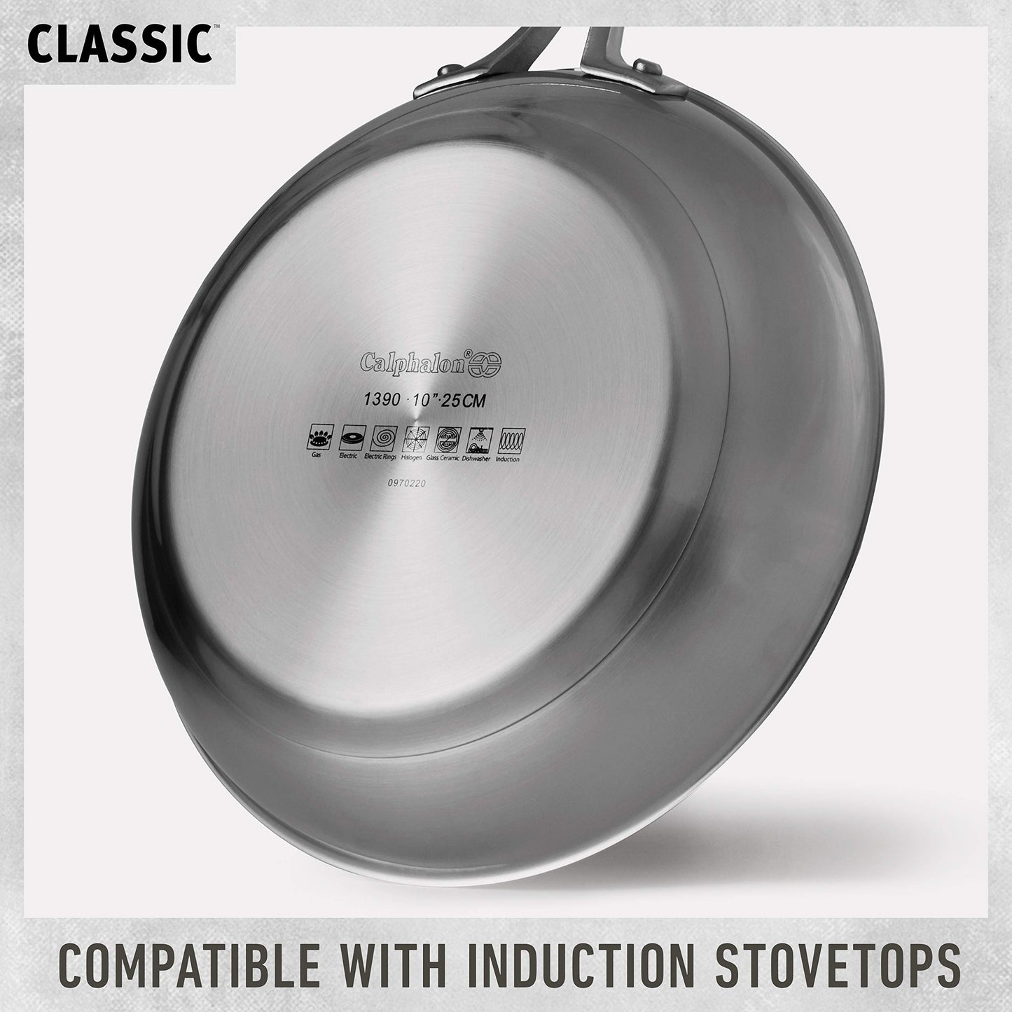 Calphalon Juego de ollas y sartenes de 10 piezas, utensilios de cocina de acero inoxidable con asas y boquillas de vertido, apto para lavaplatos, plateado