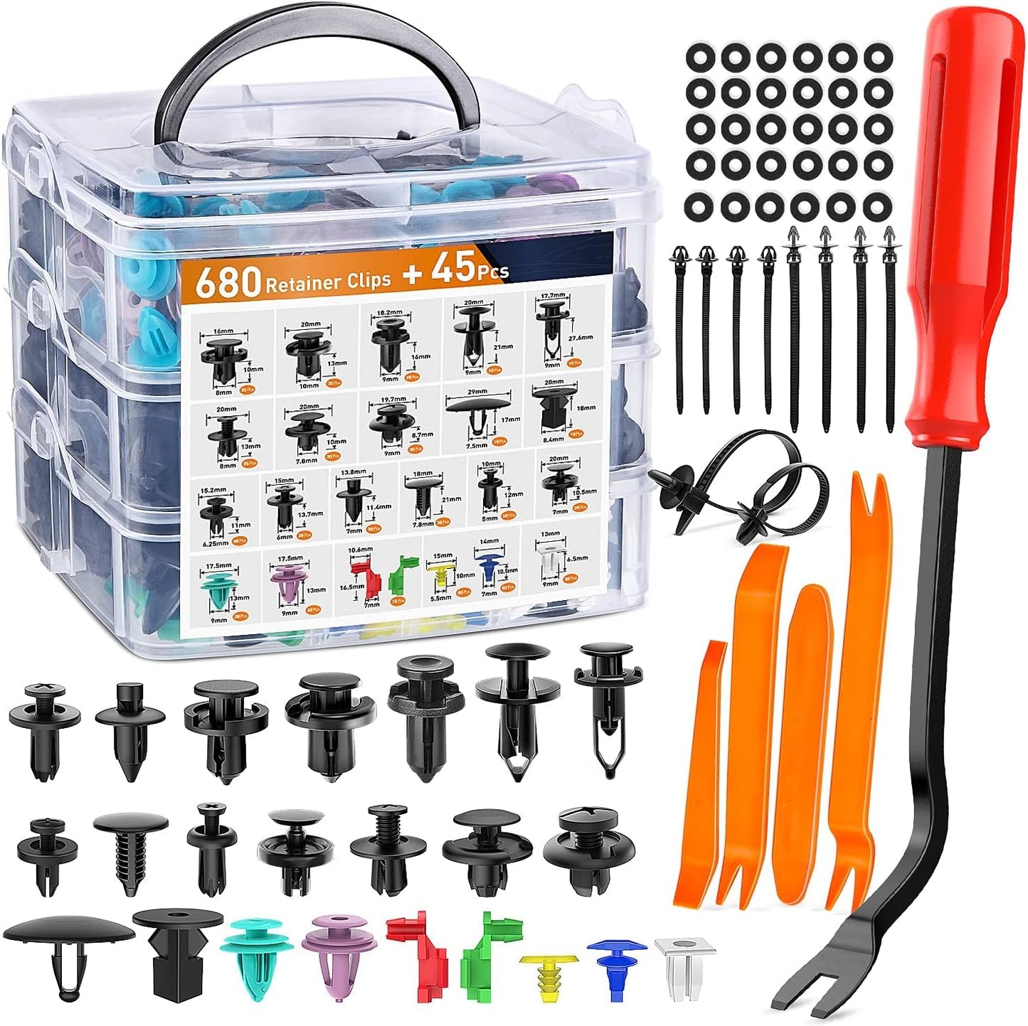 Kit de Grapas Automotrices Universal 725 Piezas con Removedor de Sujetadores 23 Tamaños