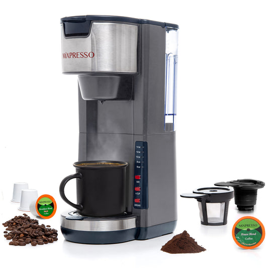 Cafetera Mixpresso Gris con Cápsulas K-Cup de Café y Café Molido, Bandeja de Goteo, 5 Tamaños de Cerveza, 30 Onzas, Taza de Viaje de hasta 14 Onzas