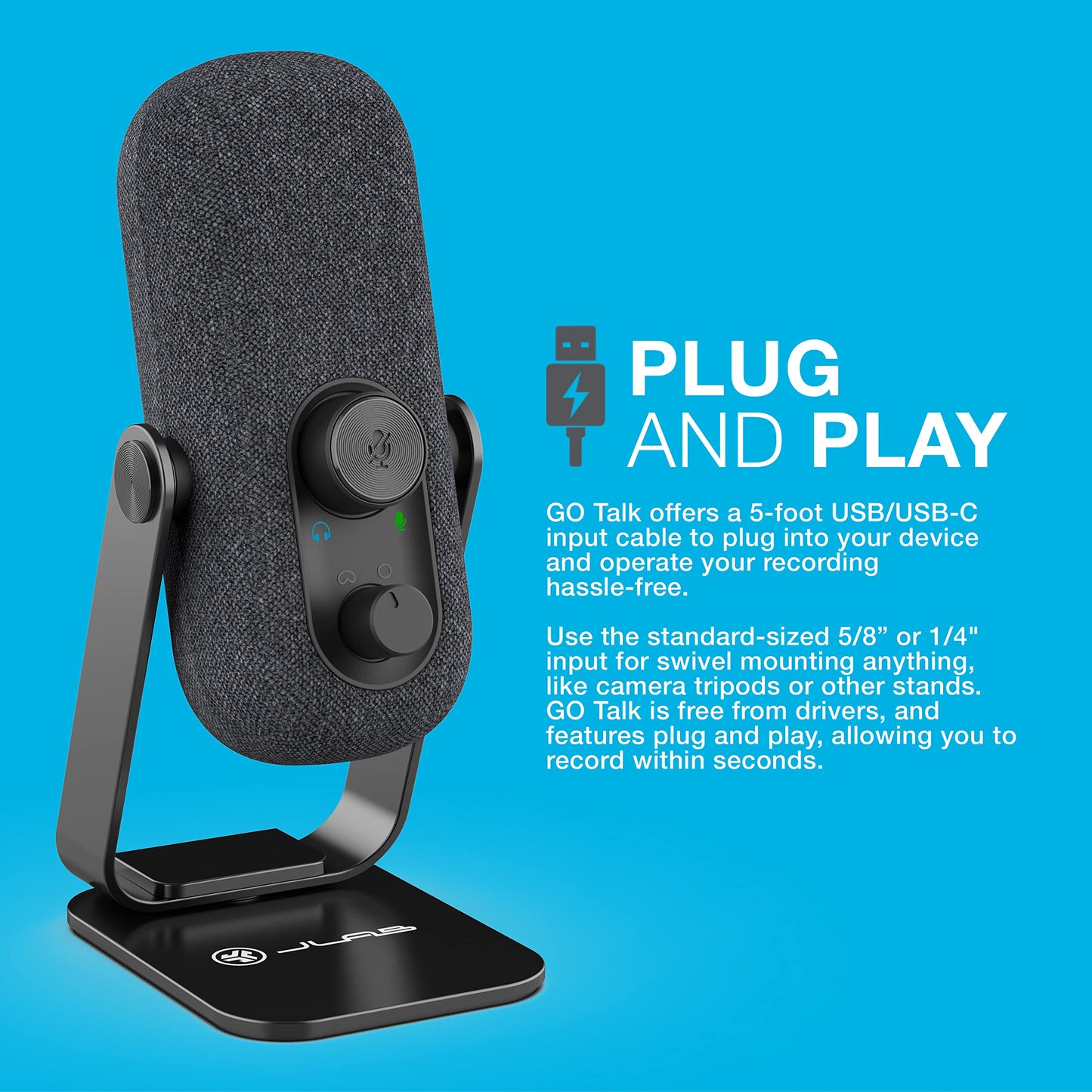 JLab Go Talk Micrófono USB | Negro | Salida USB-C | Cardioide u omnidireccional | Frecuencia de muestreo de 96 K | Respuesta de frecuencia de 20 Hz - 20 kHz | Control de volumen y silencio rápido | AUX de 3,5 mm | Plug and Play