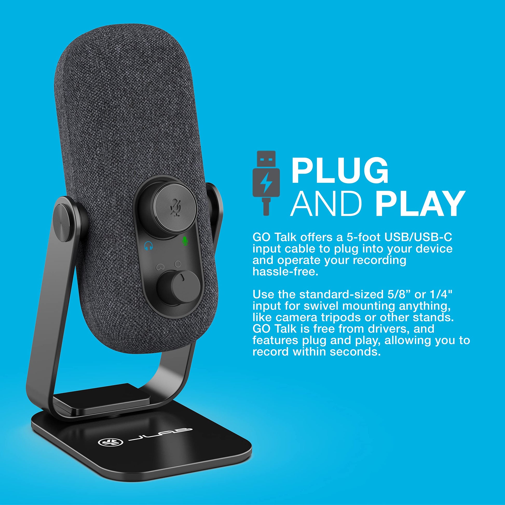 JLab Go Talk Micrófono USB | Negro | Salida USB-C | Cardioide u omnidireccional | Frecuencia de muestreo de 96 K | Respuesta de frecuencia de 20 Hz - 20 kHz | Control de volumen y silencio rápido | AUX de 3,5 mm | Plug and Play