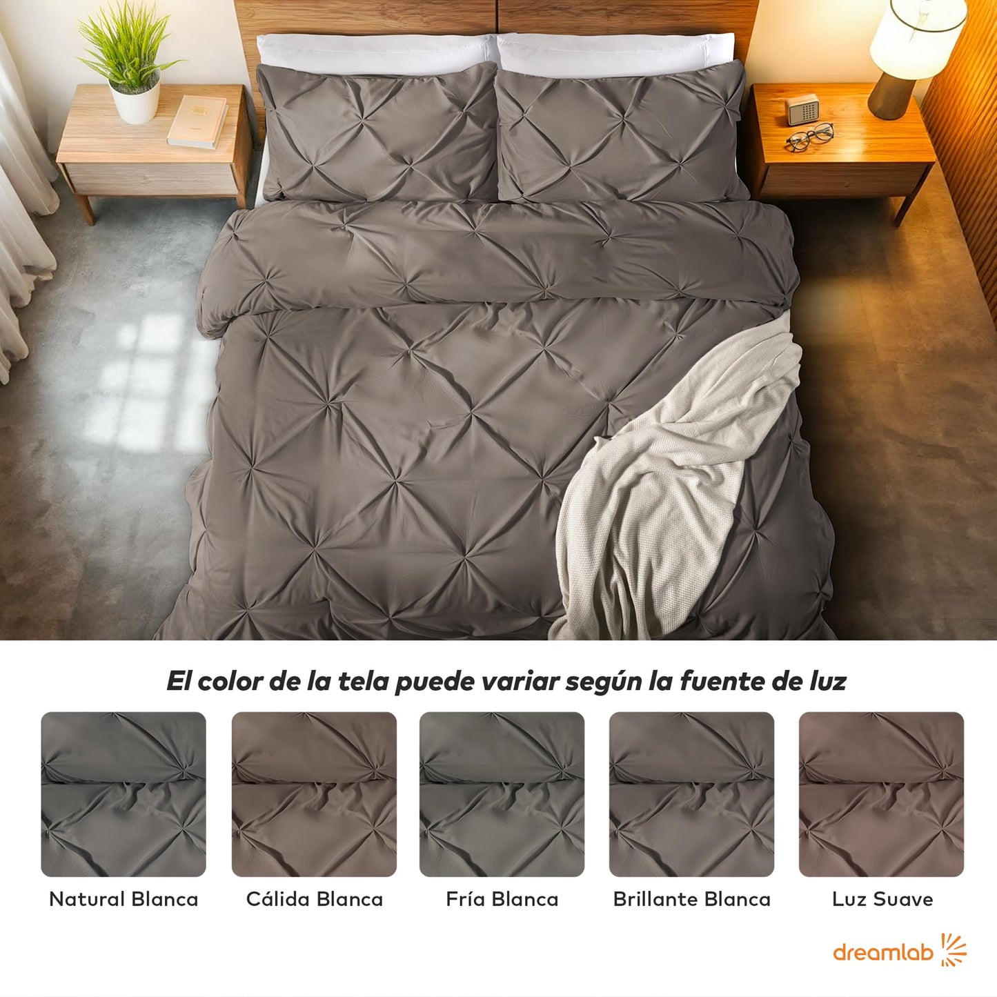 Dreamlab Juego Edredón Acolchado Reversible, Elegantes Pliegues, Ultra Suave, Hipoalergénico, Incluye 2 Fundas de Almohada, Ideal para Todo el Año. Set 3 Pzas, Tamaño Matrimonial 195x223cm, Arena