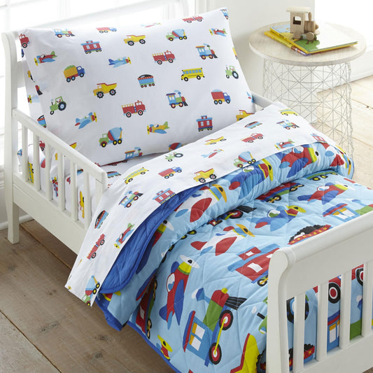 Wildkin Juego de cama de 4 piezas 100% algodón para niños y niñas, incluye edredón, sábana encimera, sábana bajera y funda de almohada, juego de cama para acurrucarse acogedores (trenes, aviones y camiones)
