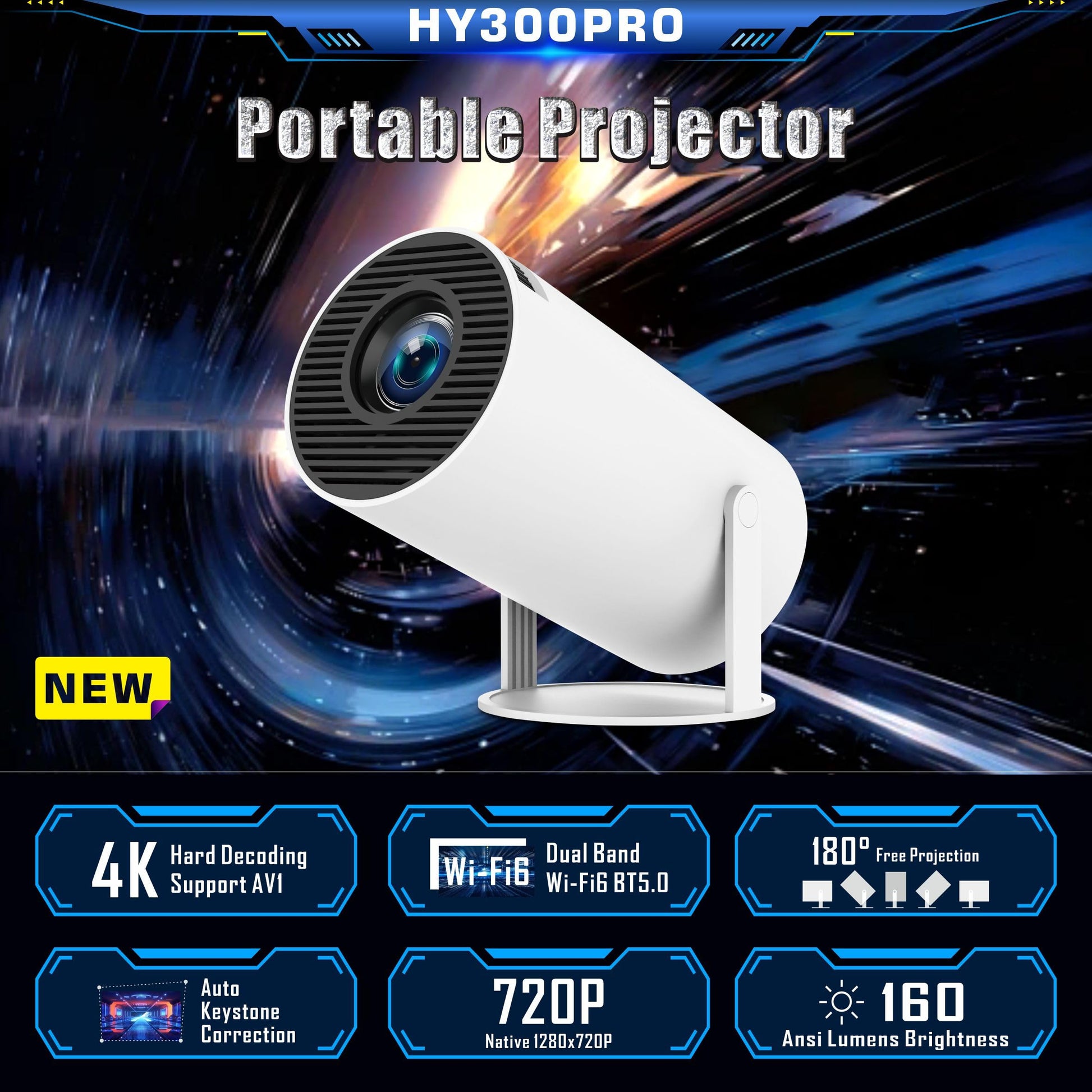 Mini Proyector Inteligente 4K WiFi 6 Bluetooth 5 Android Portátil 180-130 Pulgadas Piedra Clave Automática