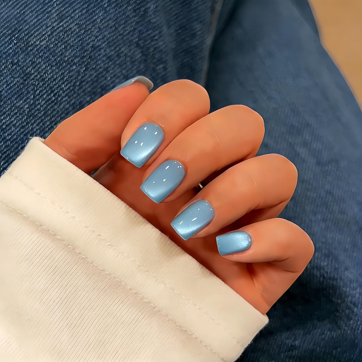 SXVME Uñas postizas Cat Eye cortas, hechas a mano, cuadradas, gruesas, cromadas, en azul bebé, para uso diario, reutilizables, con imán y purpurina, 15 tamaños (30 unidades)